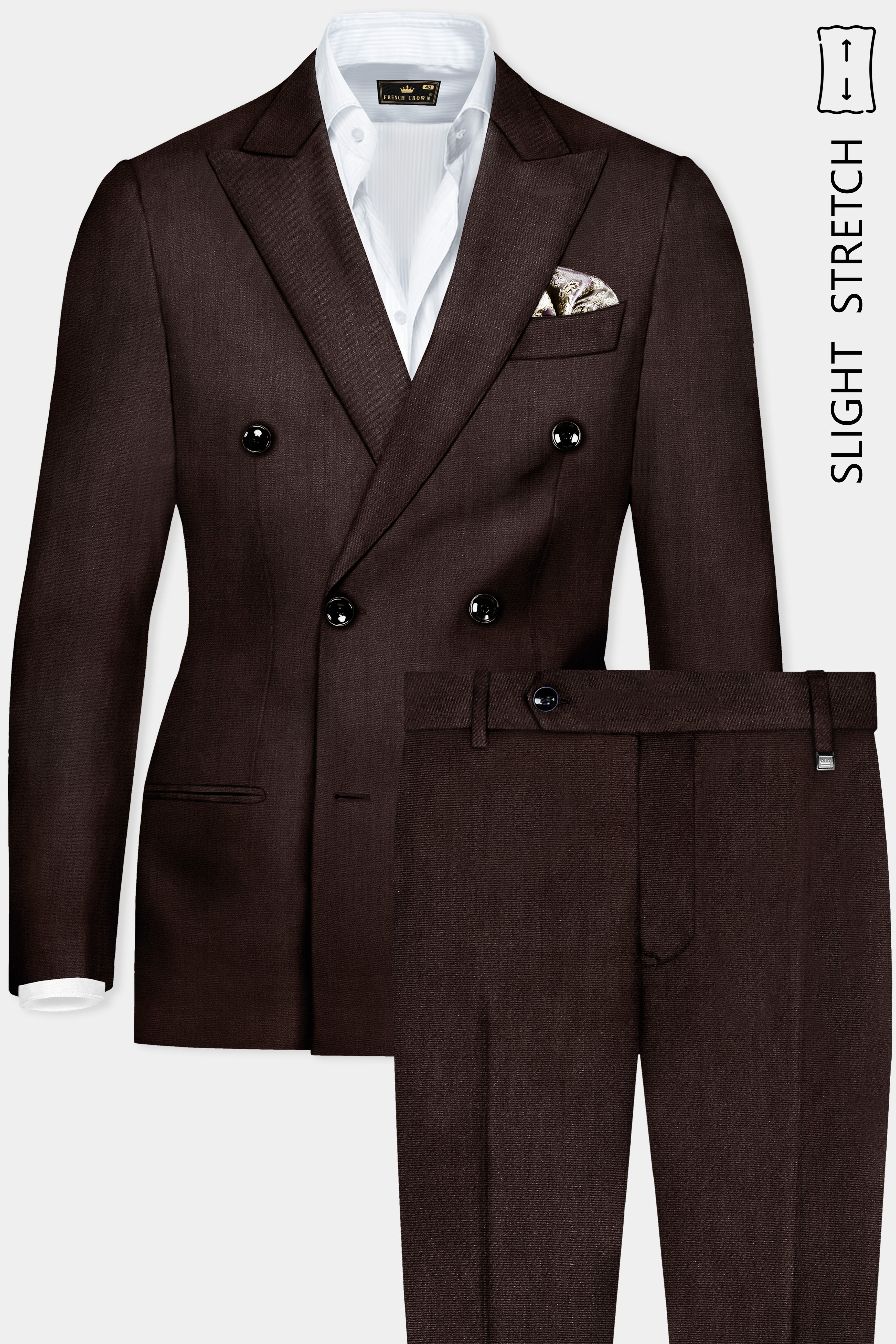 Espresso-Hickory Brown Solid Wool Rich Double Breasted Slight Stretch Suit