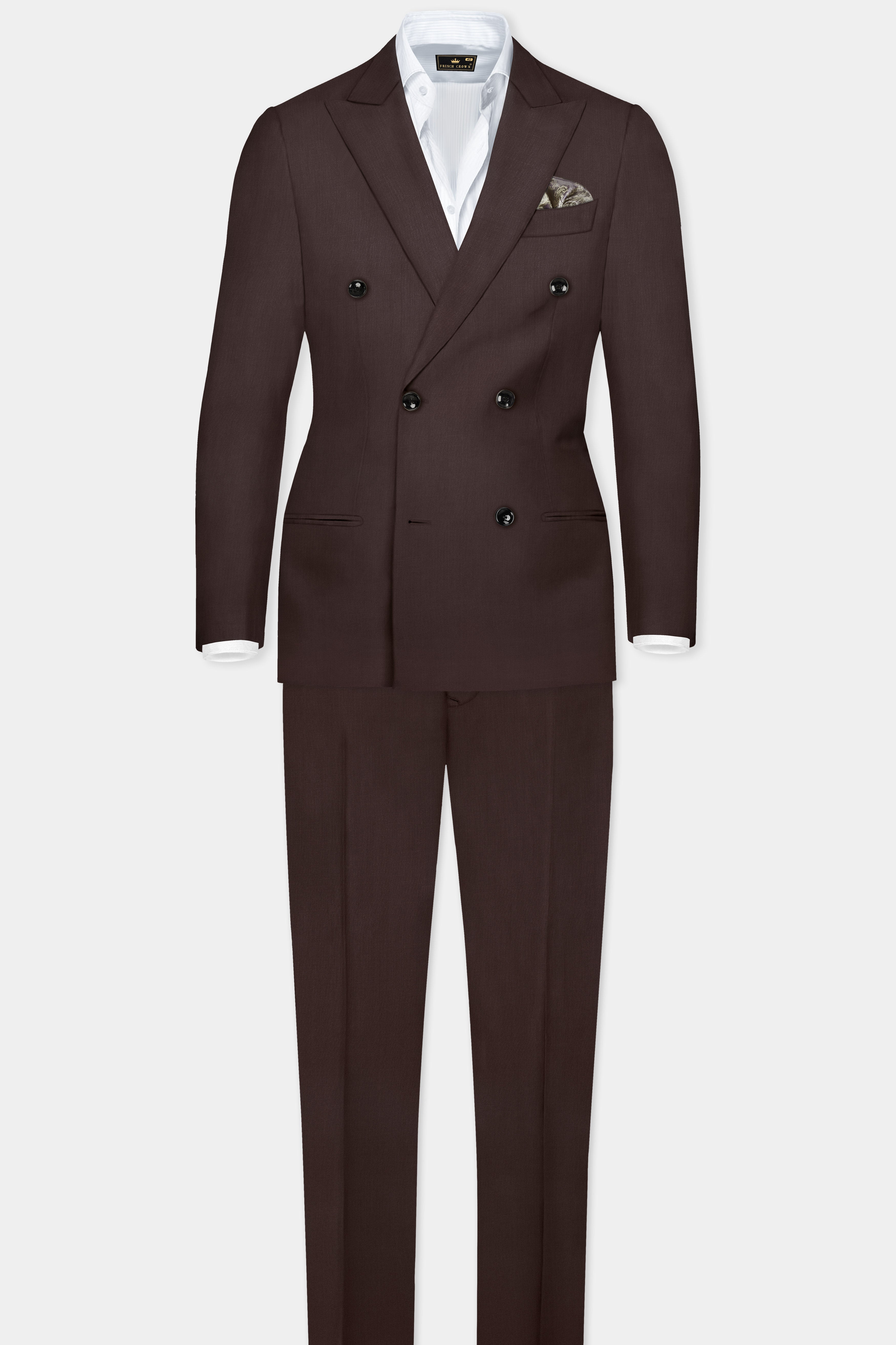 Espresso-Hickory Brown Solid Wool Rich Double Breasted Suit