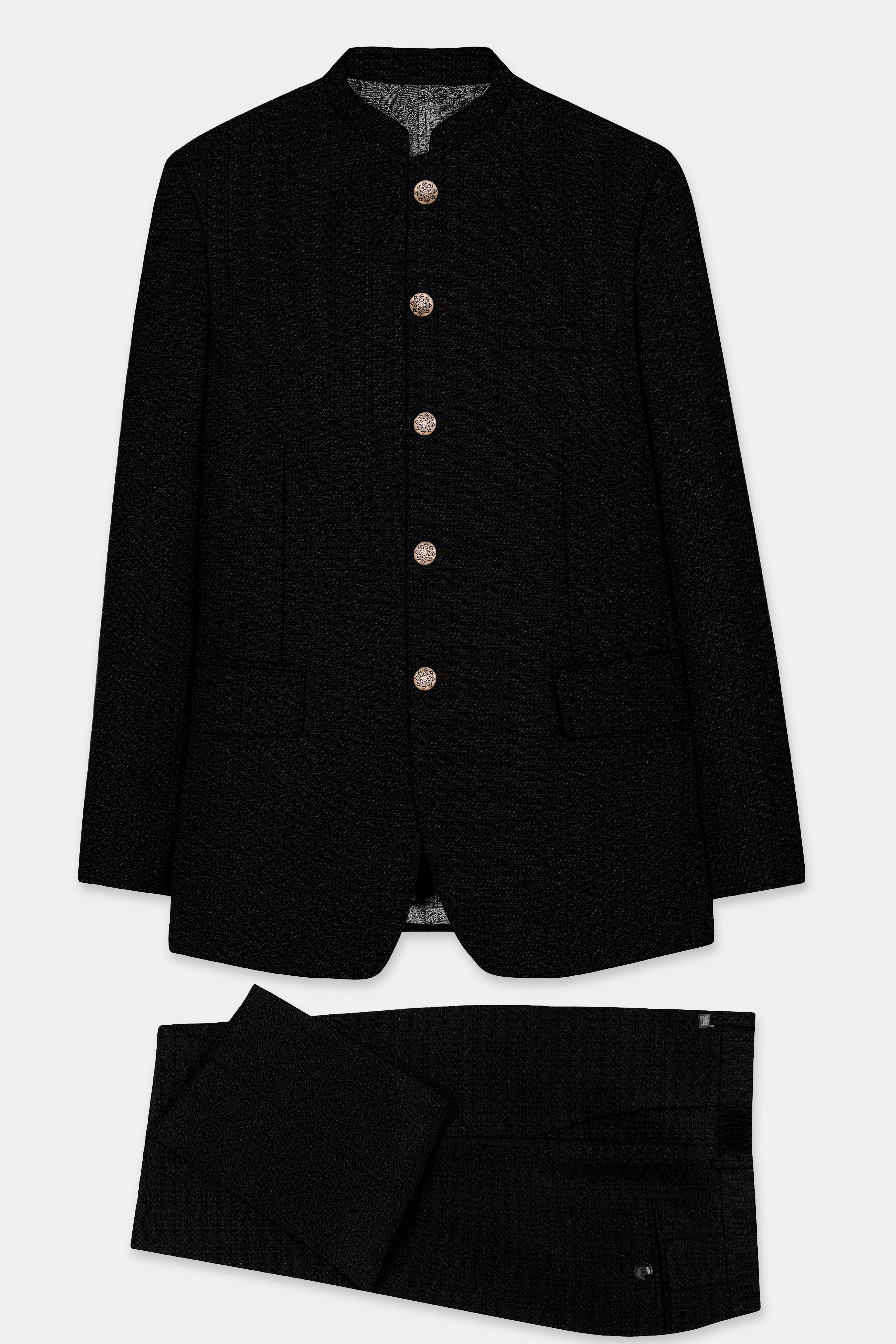 Noir-Jade Black Textured Wool Rich Bandhgala Suit