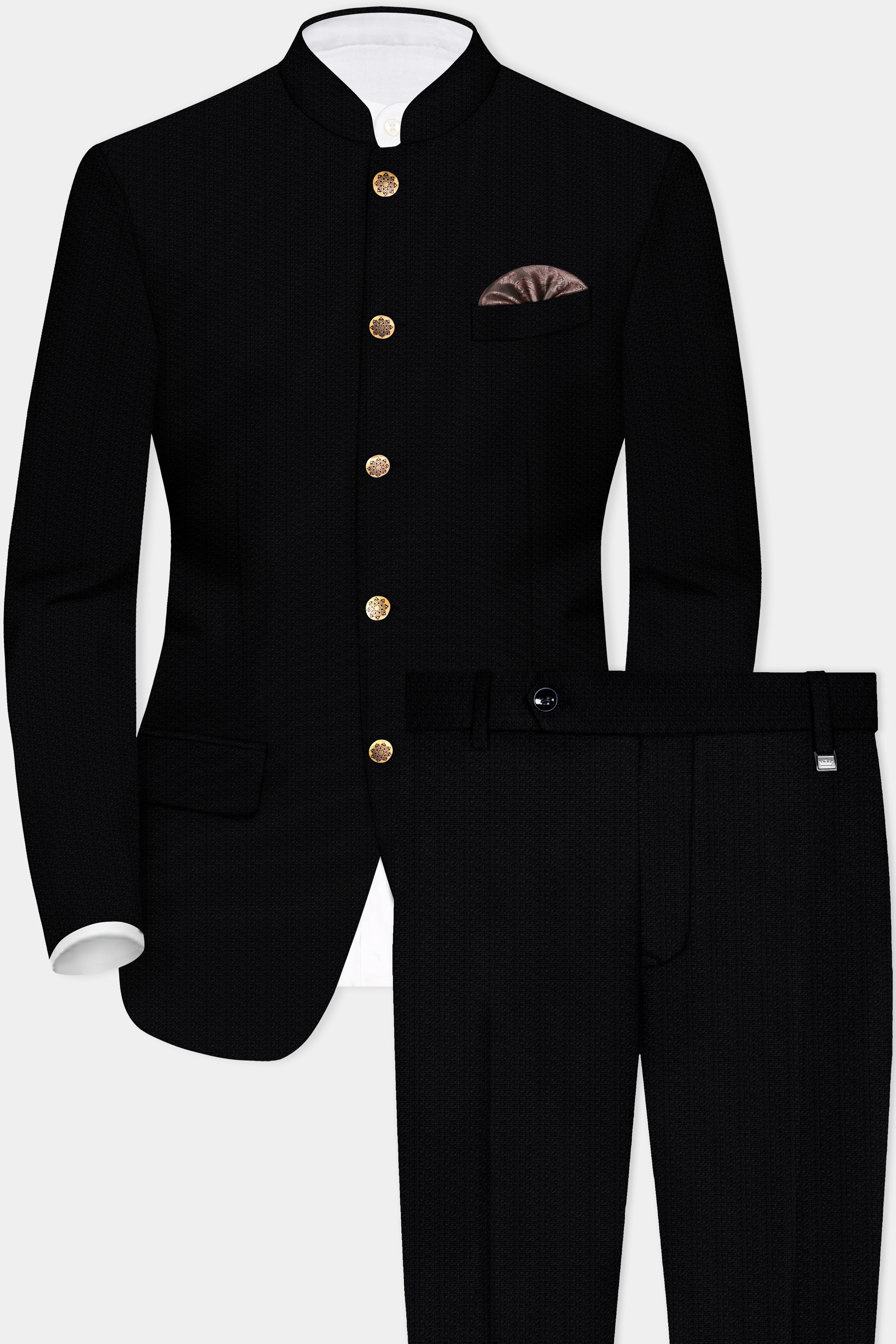 Noir-Jade Black Textured Wool Rich Bandhgala Suit