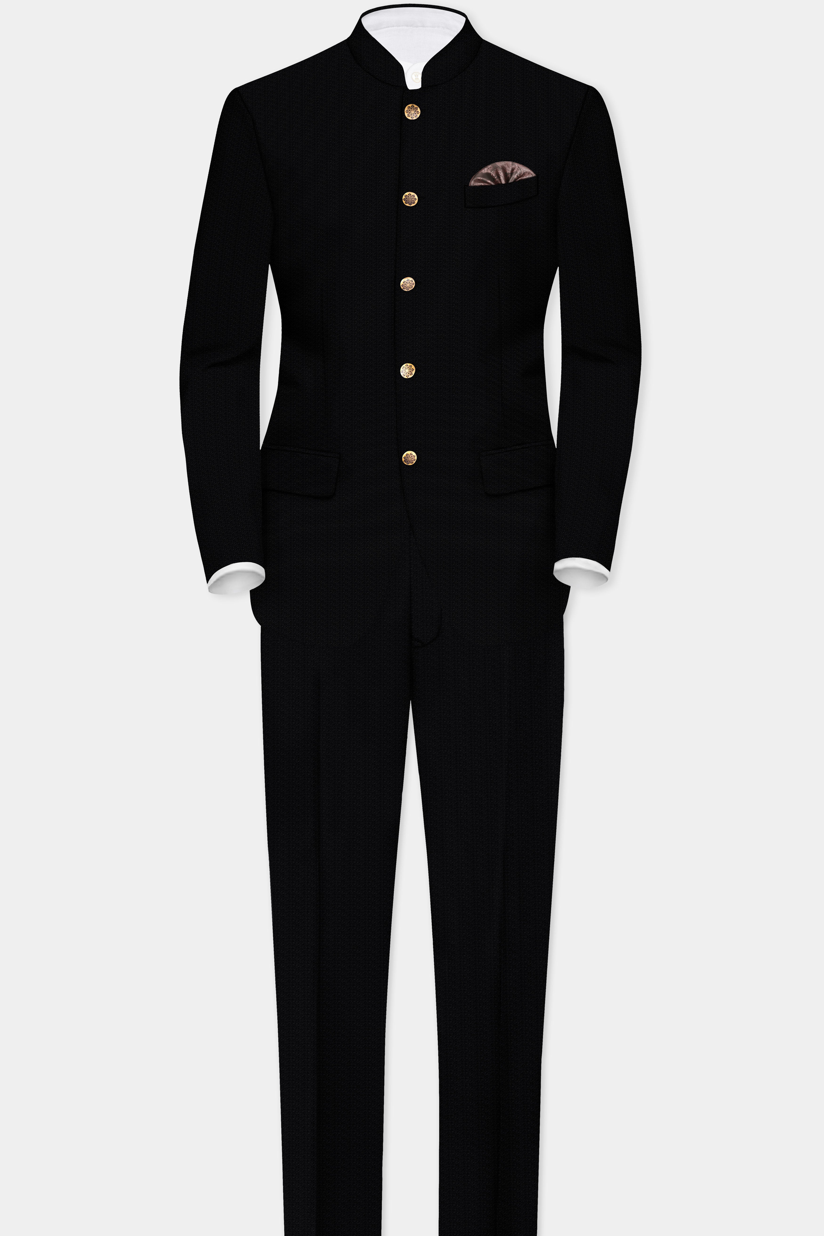 Noir-Jade Black Textured Wool Rich Bandhgala Suit