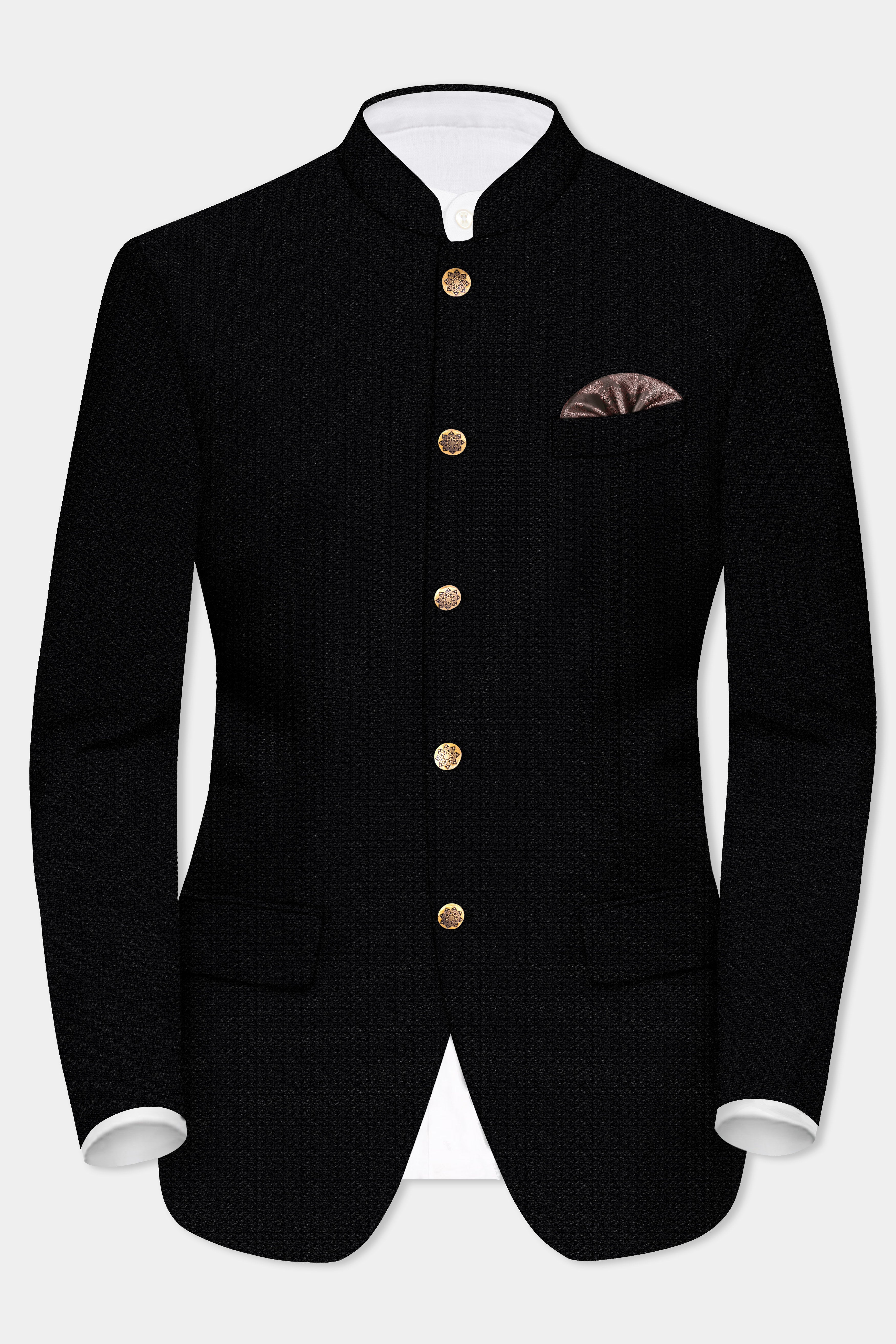 Noir-Jade Black Textured Wool Rich Bandhgala Suit