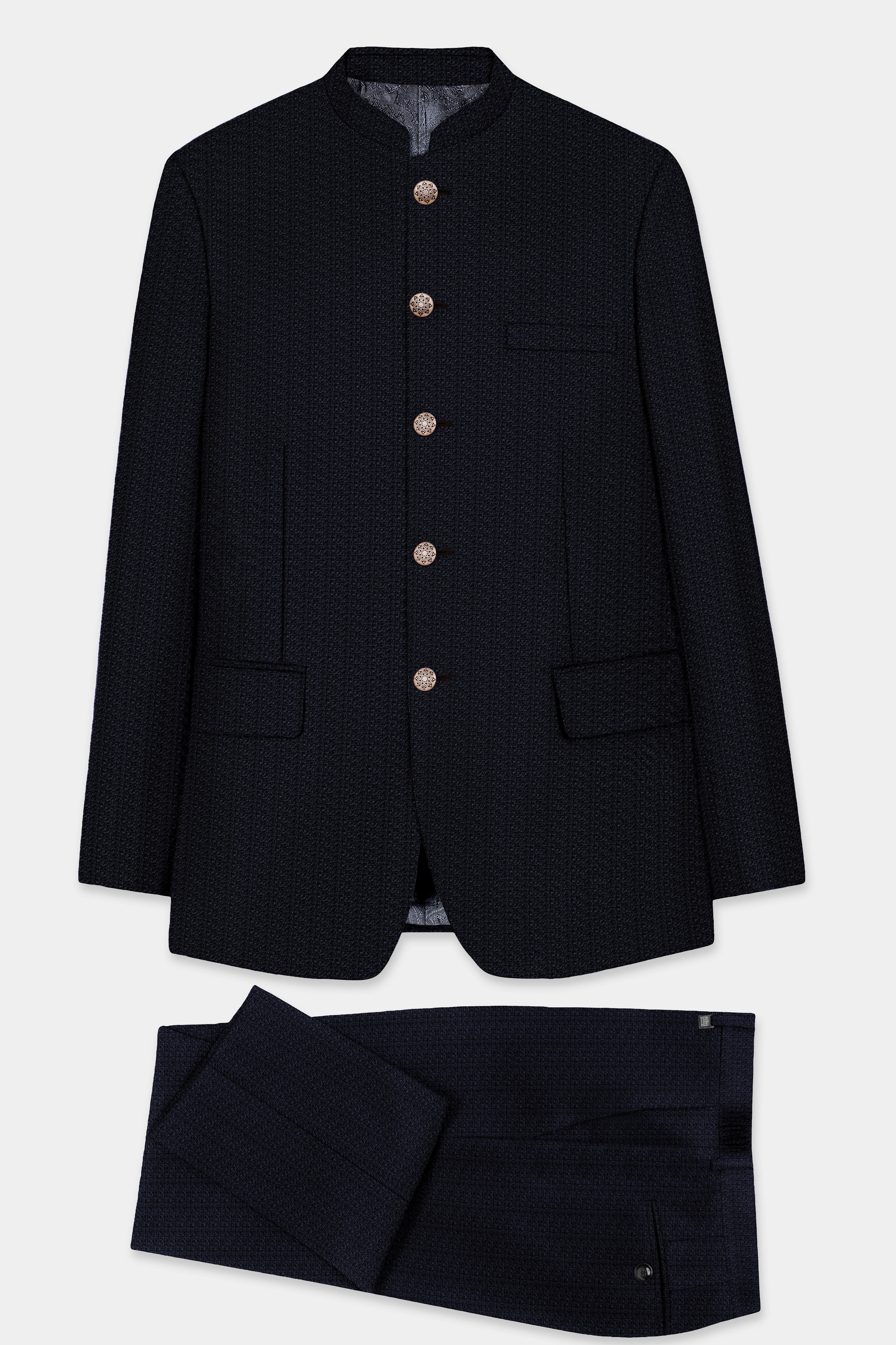 Indigo Prestige-French Navy Textured Wool Rich Bandhgala Suit