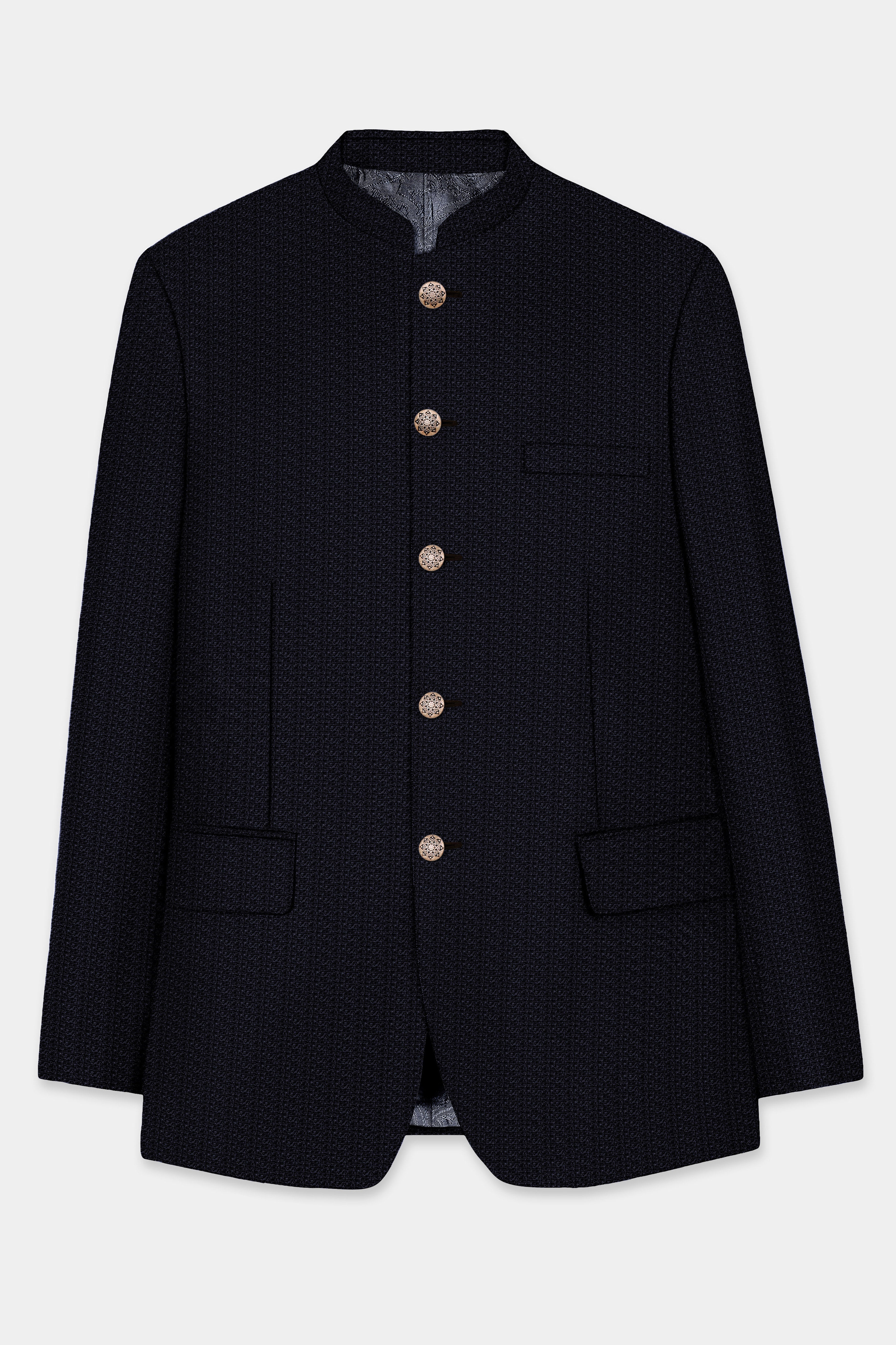 Indigo Prestige-French Navy Textured Wool Rich Bandhgala Suit