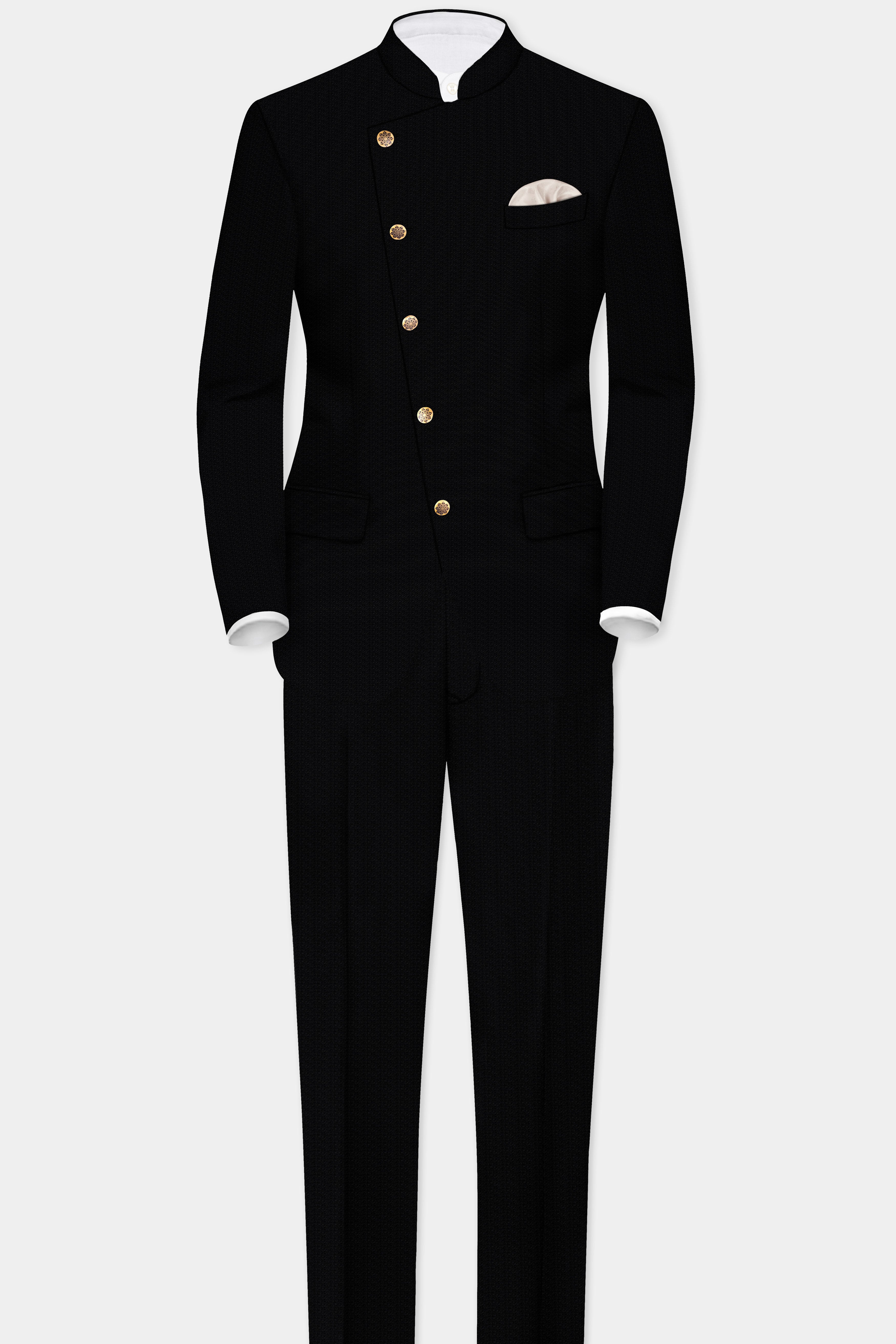 Noir-Jade Black Textured Wool Rich Cross Placket Bandhgala Suit