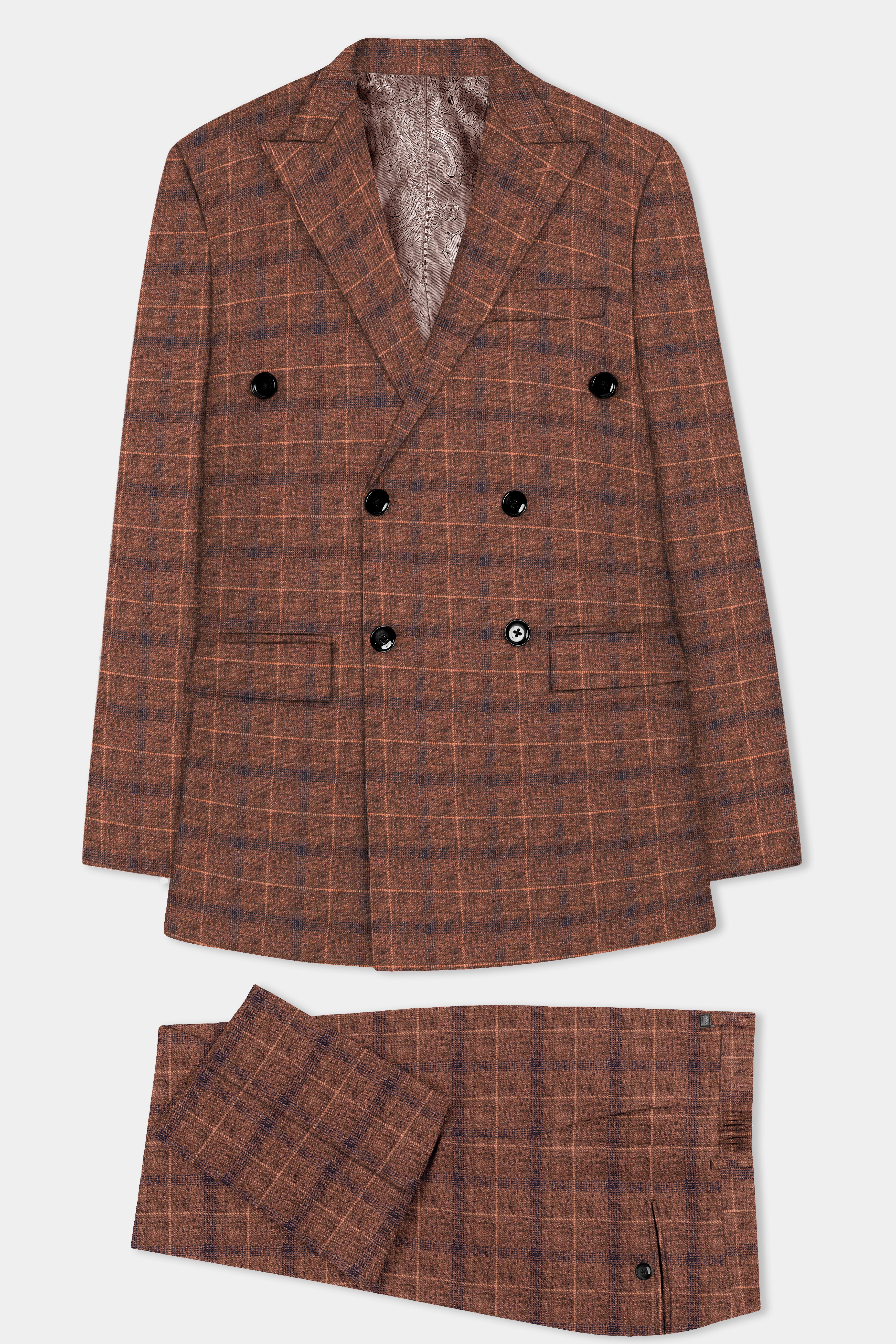 Cinnamon Spice-Spice Brown Plaid Wool Rich Double Breasted Suit