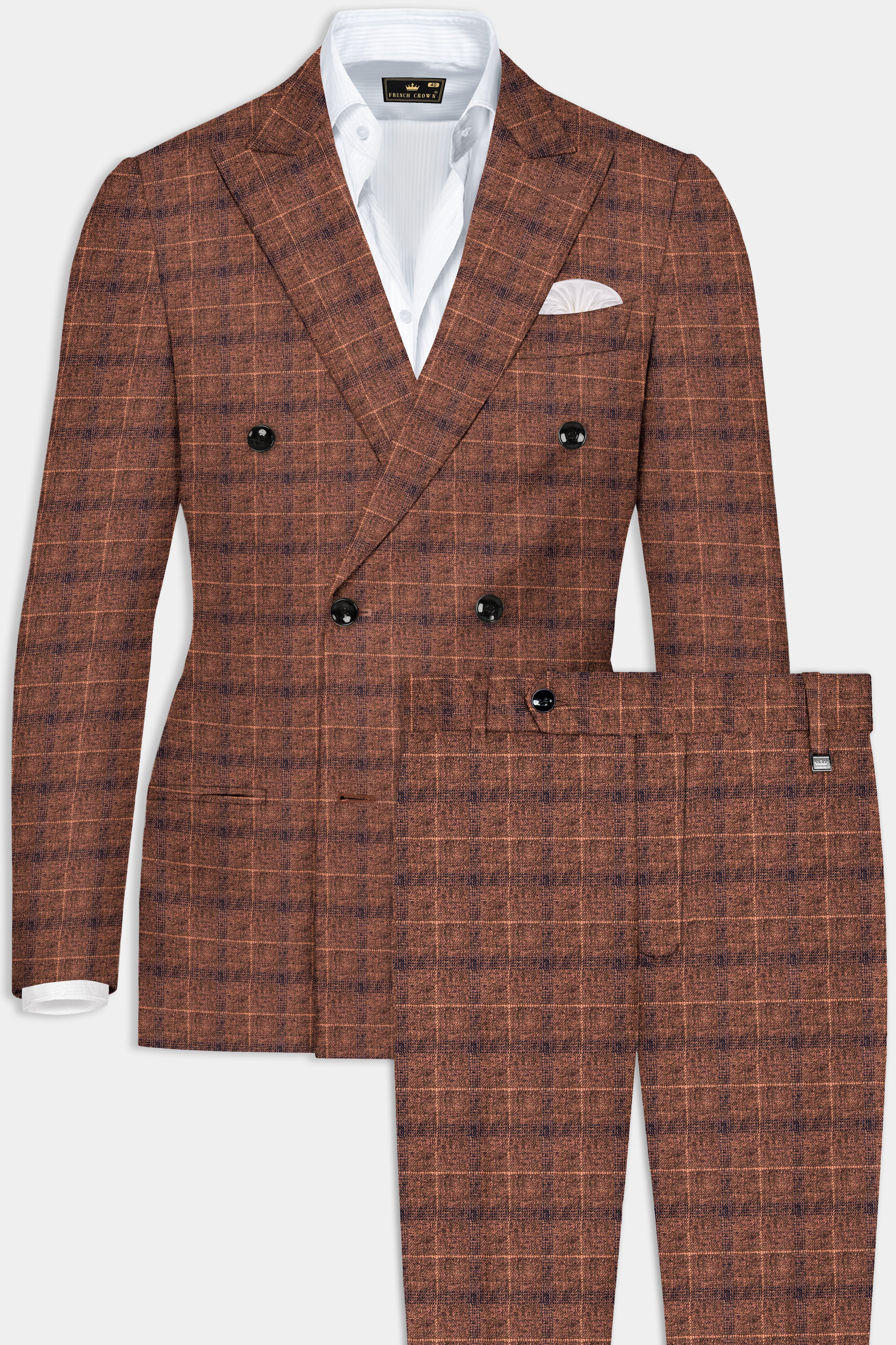 Cinnamon Spice-Spice Brown Plaid Wool Rich Double Breasted Suit