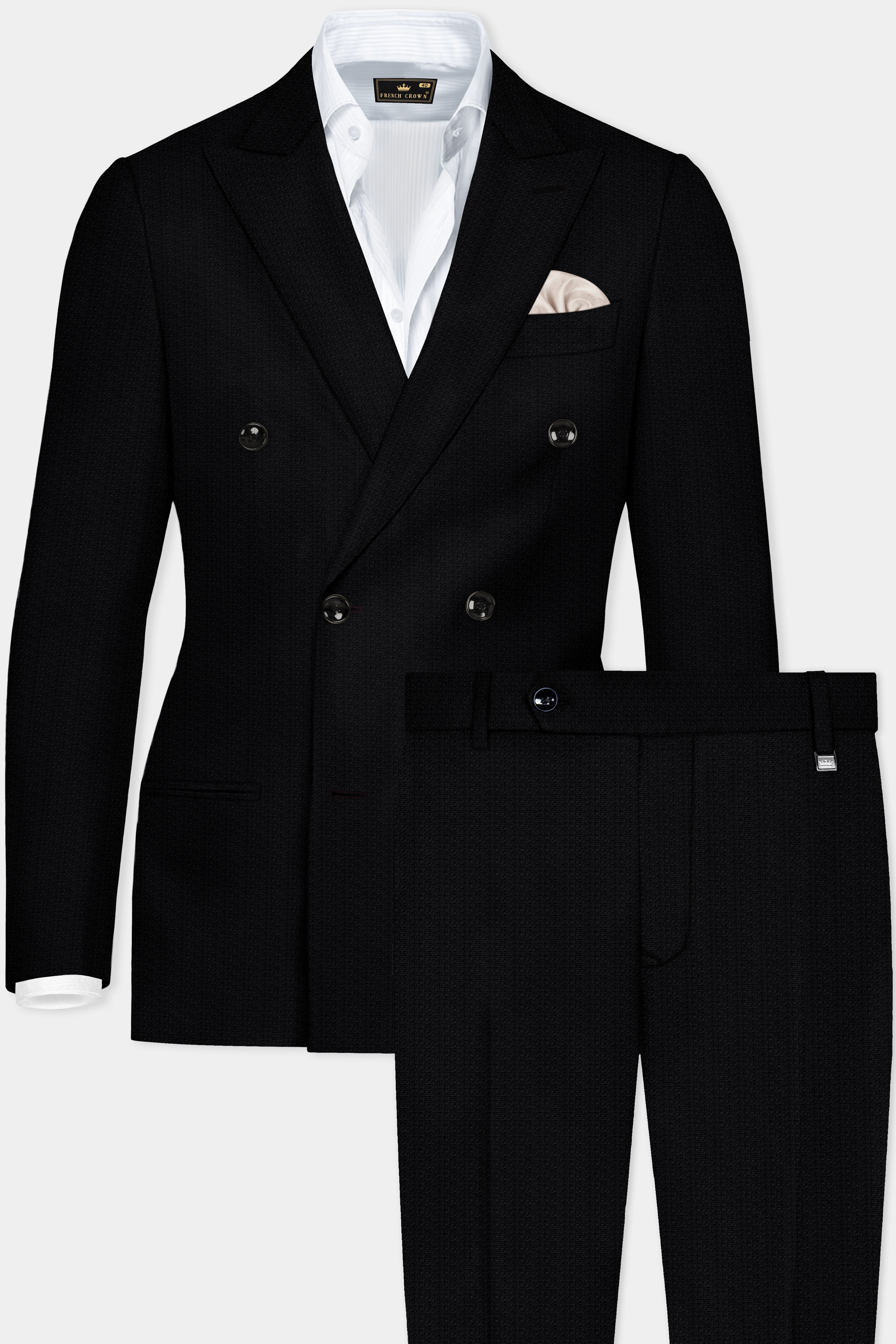 Noir-Jade Black Textured Wool Rich Double Breasted Suit