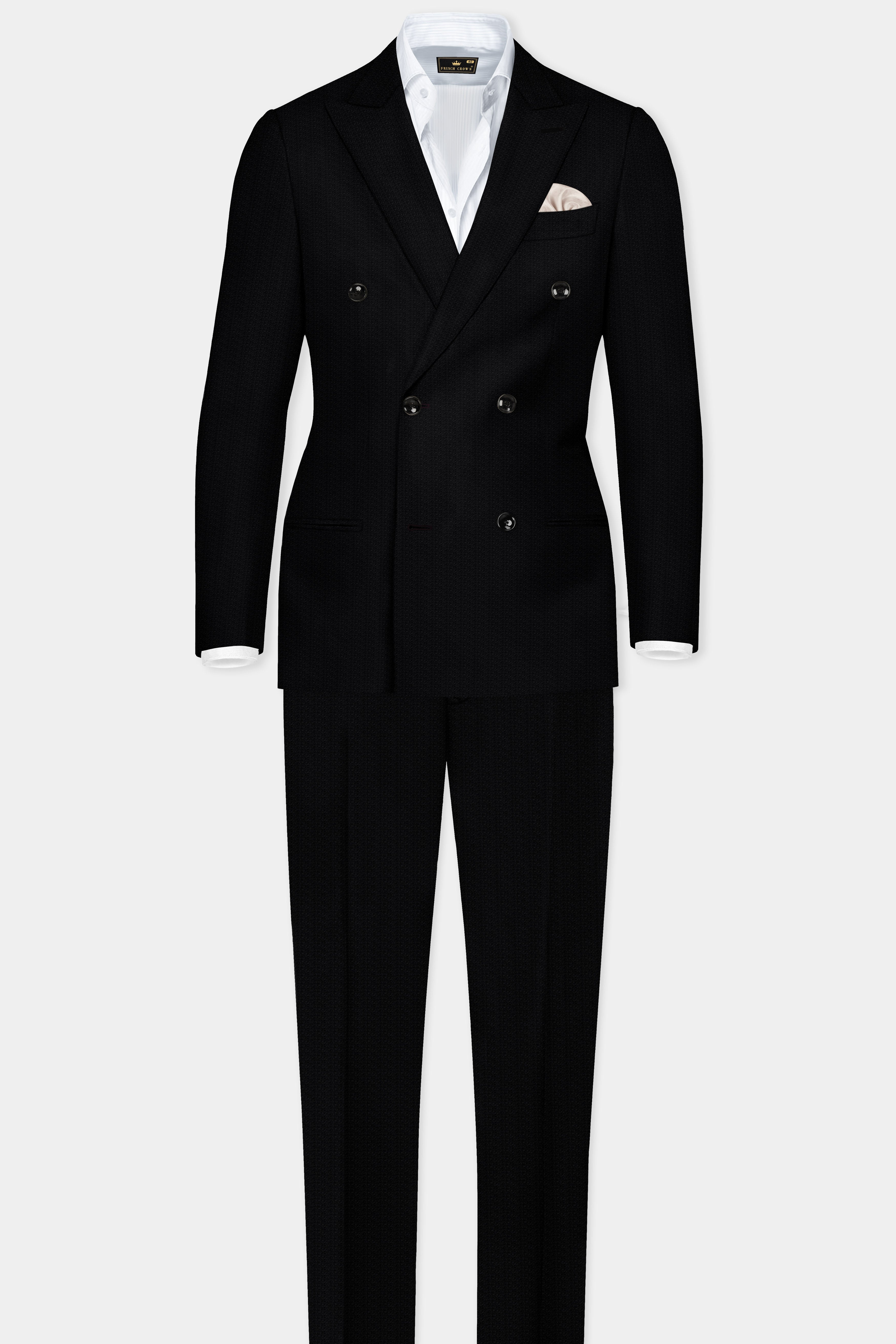 Noir-Jade Black Textured Wool Rich Double Breasted Suit