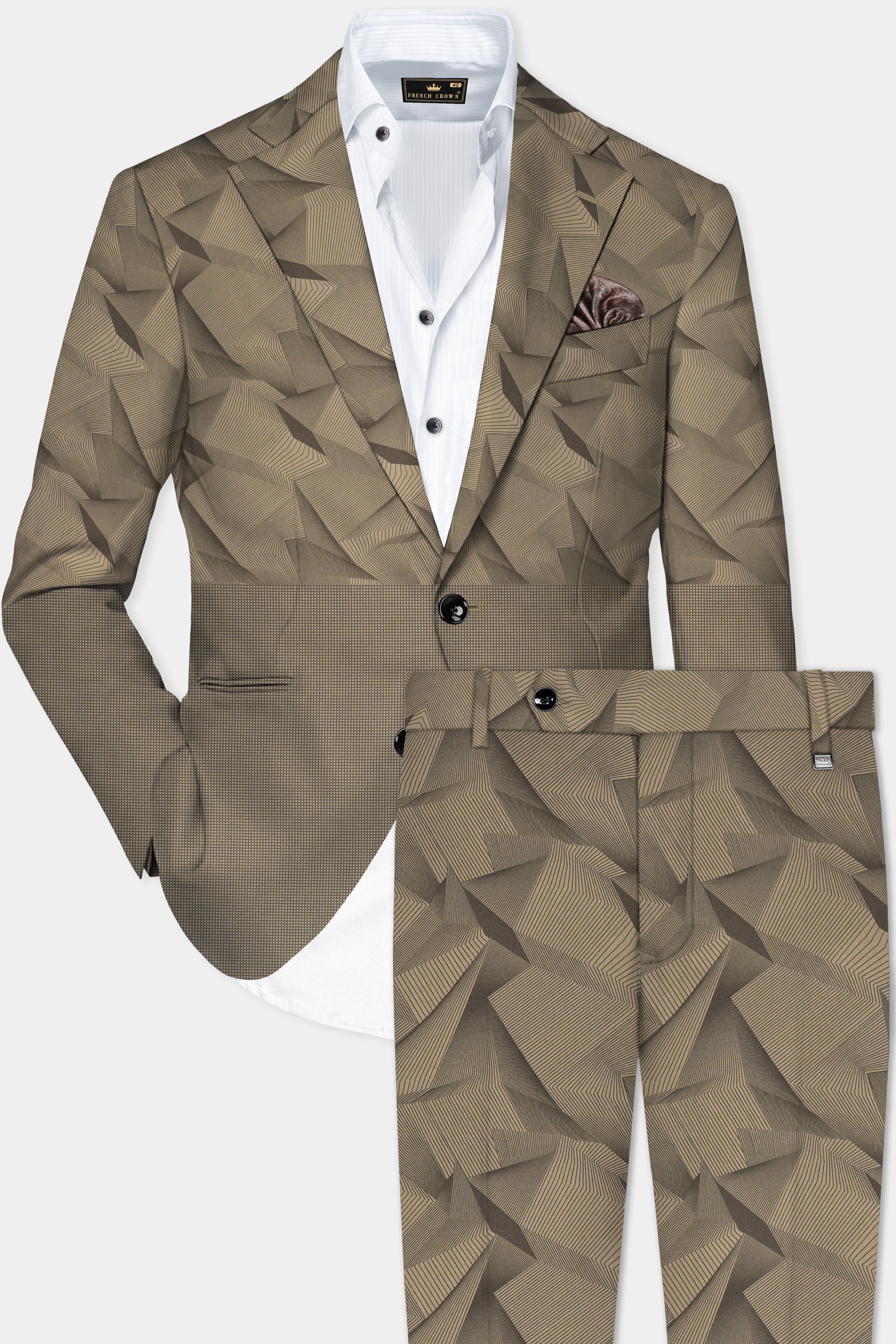 DuneShade-Sand Dune Brown Half 3D Prints Cotton Single Breasted Suit