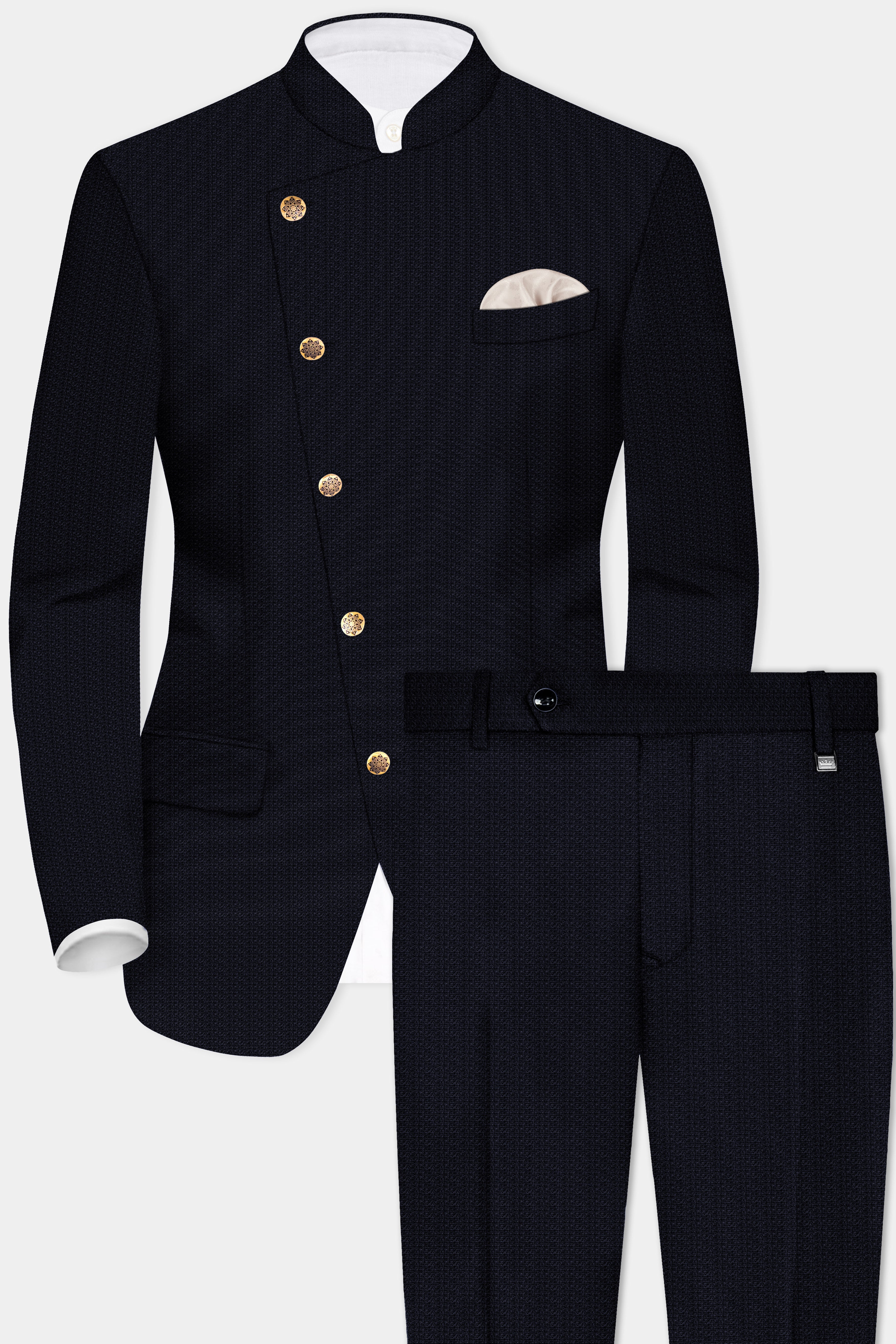 Indigo Prestige-French Navy Textured Wool Rich Cross Placket Bandhgala Suit