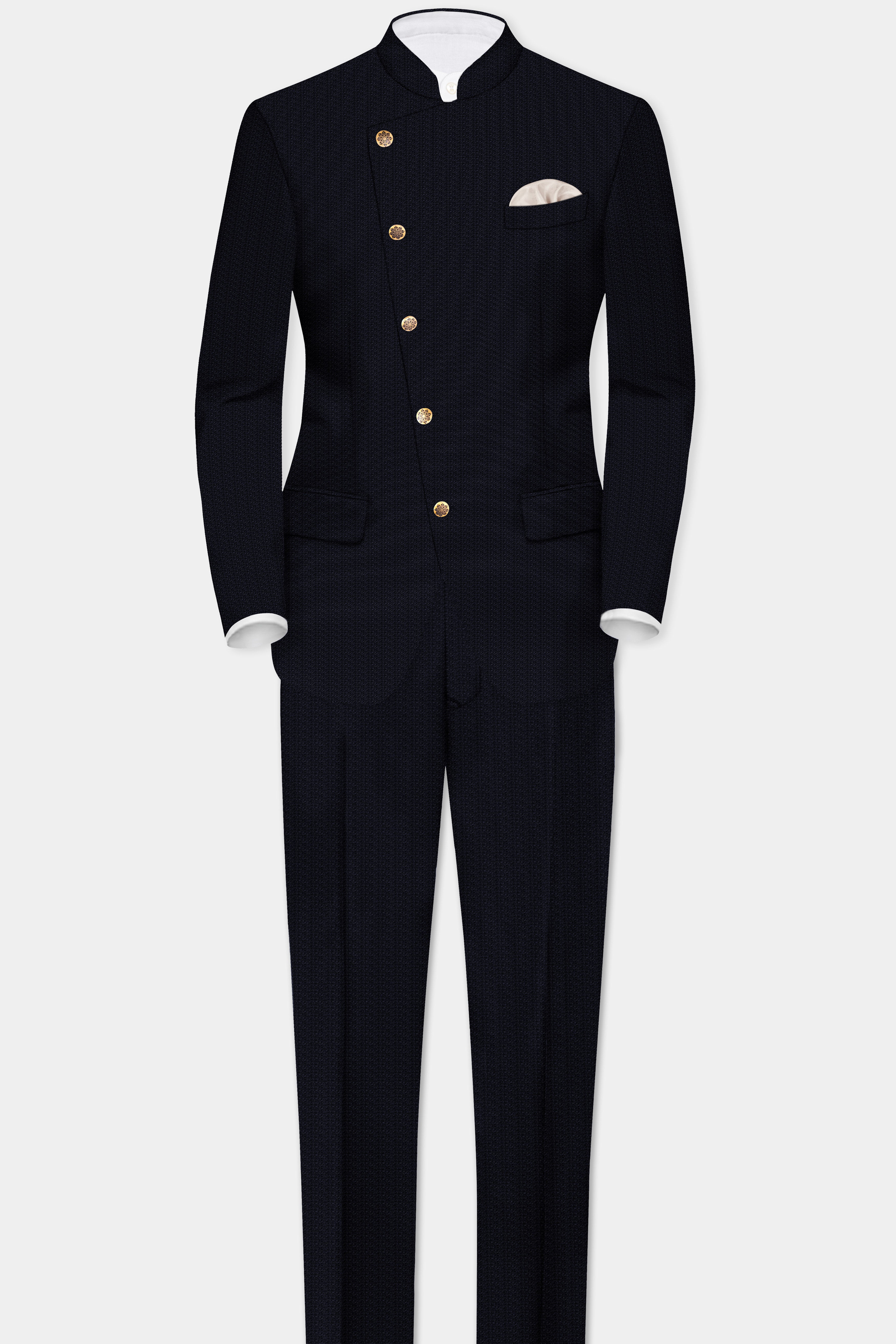 Indigo Prestige-French Navy Textured Wool Rich Cross Placket Bandhgala Suit