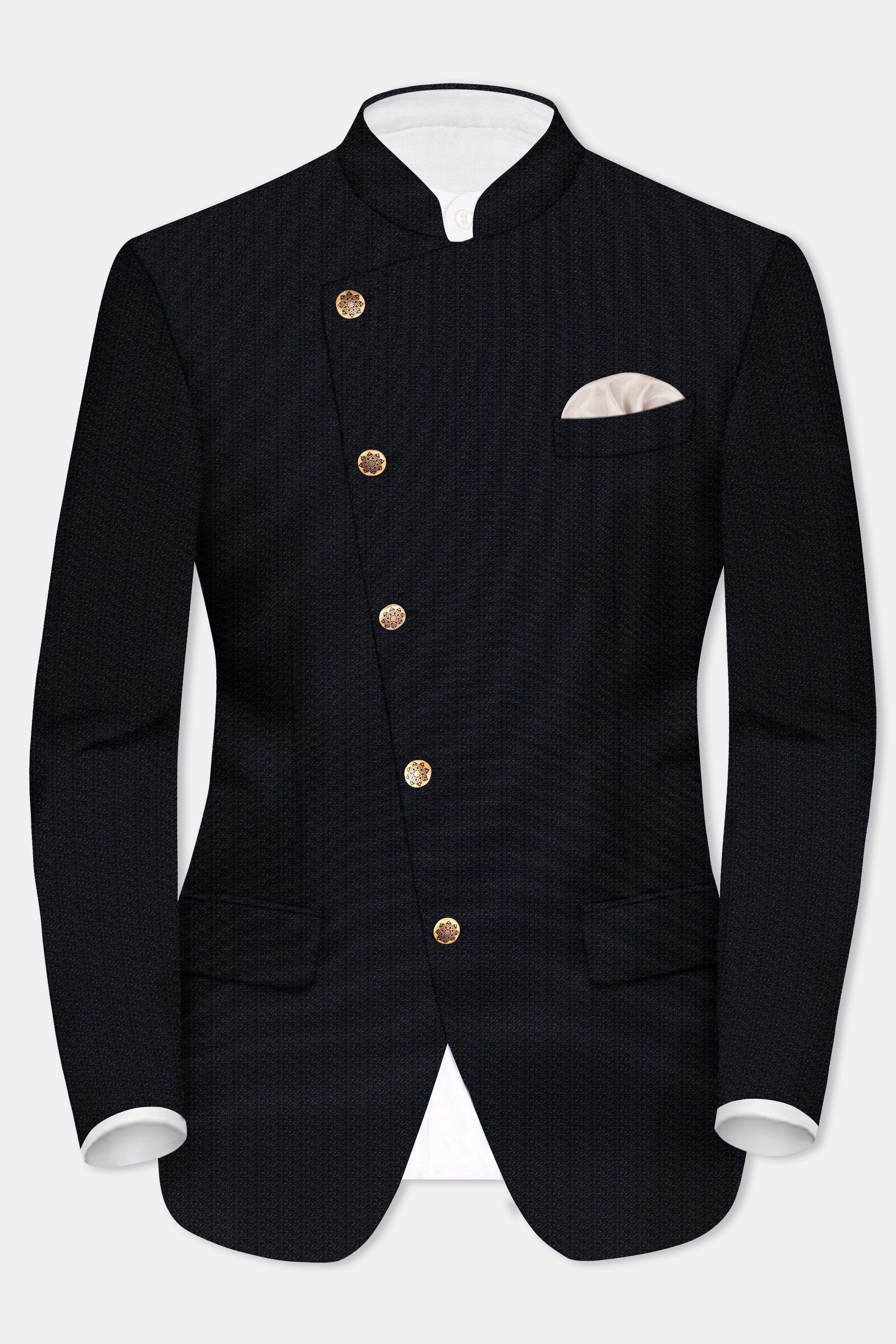 Indigo Prestige-French Navy Textured Wool Rich Cross Placket Bandhgala Suit