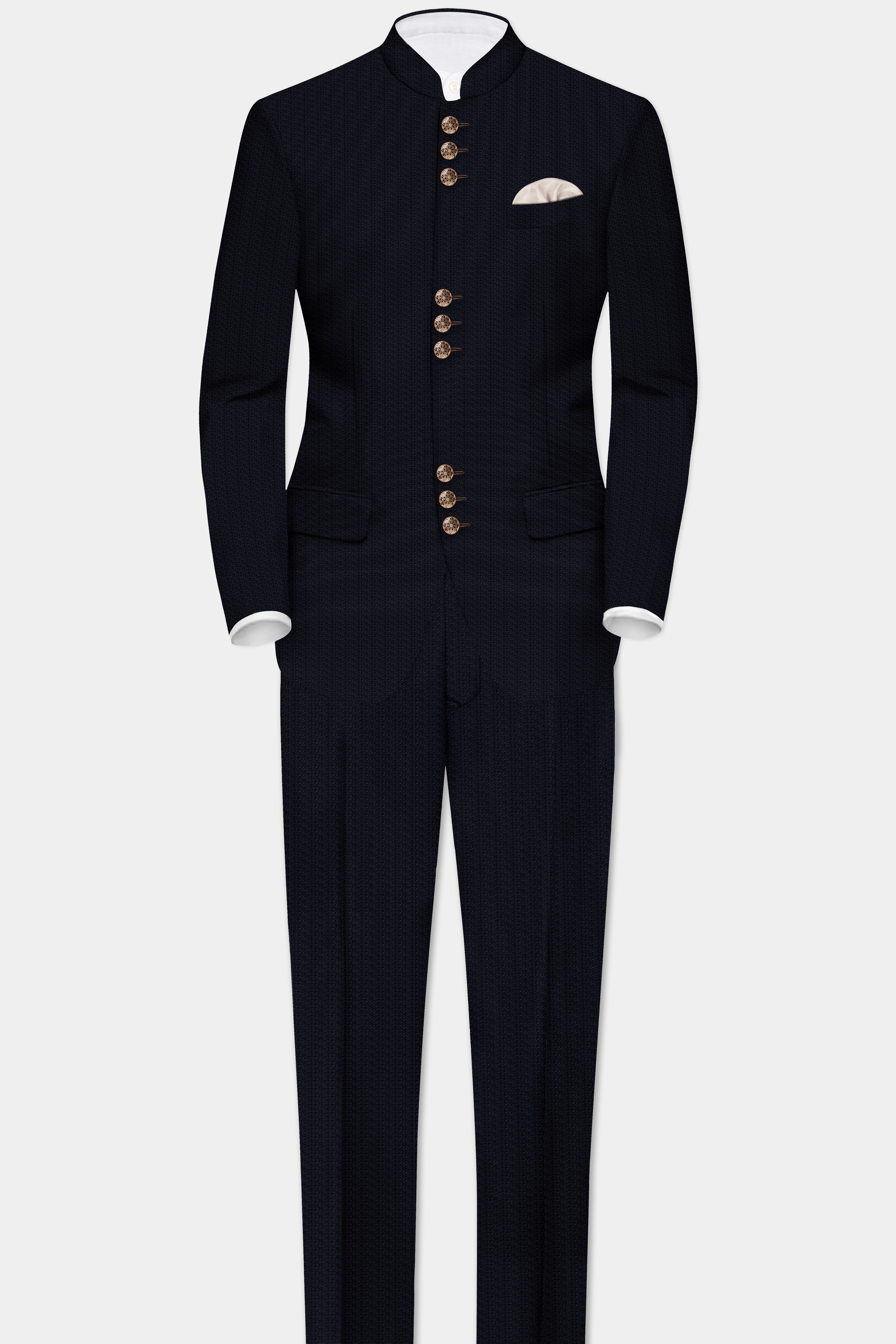 Indigo Prestige-French Navy Textured Wool Rich Bandhgala Designer Suit