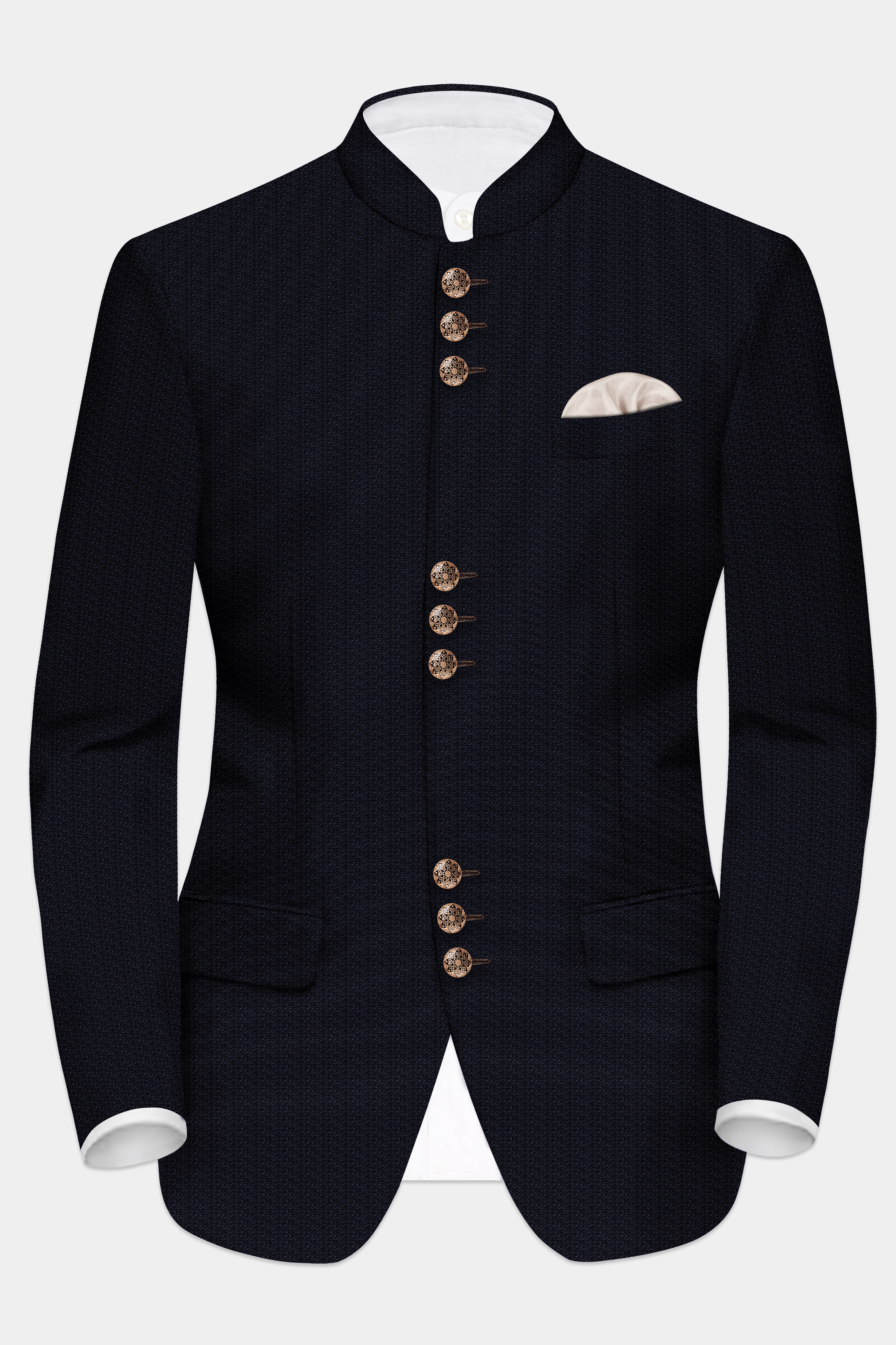 Indigo Prestige-French Navy Textured Wool Rich Bandhgala Designer Suit