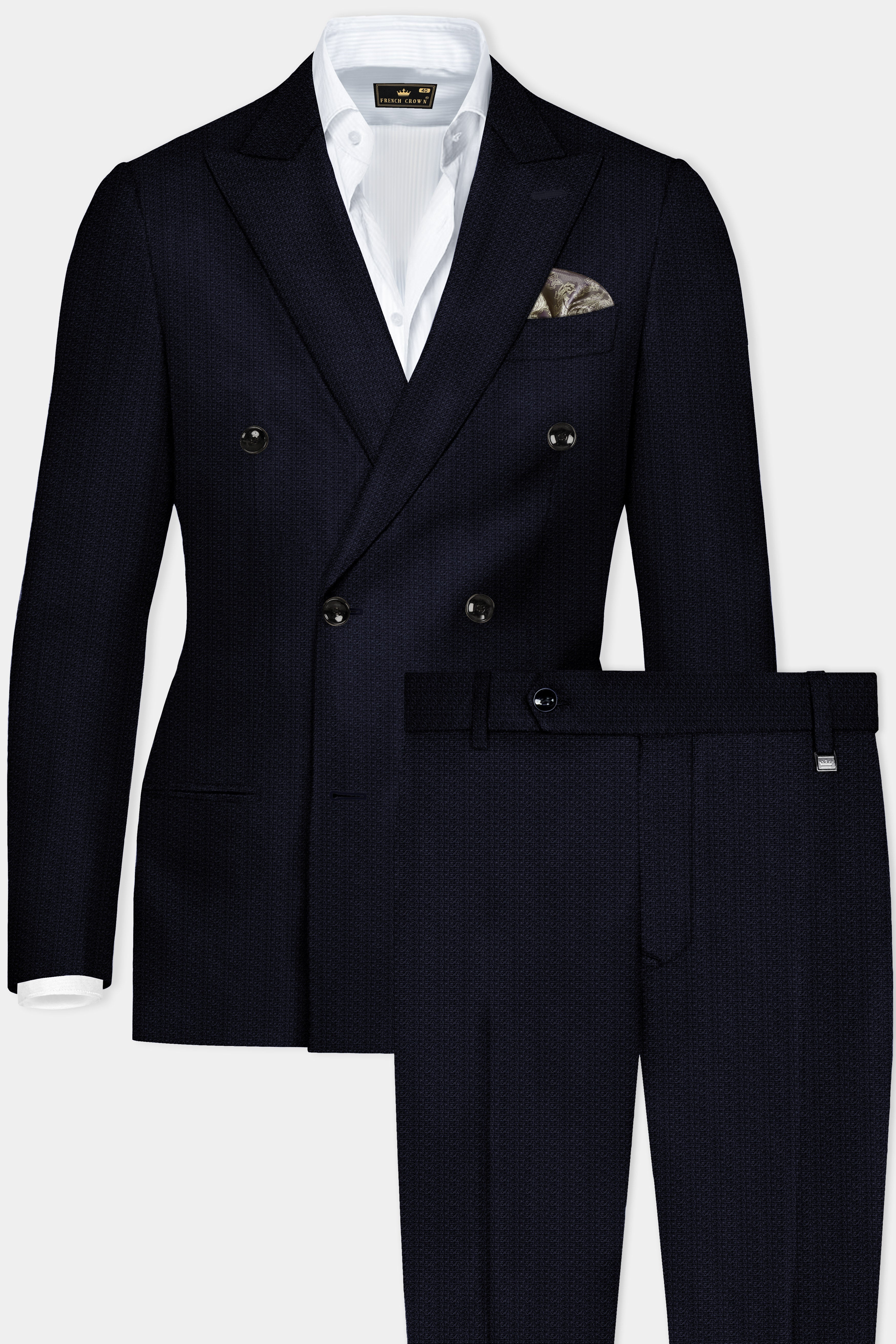 Indigo Prestige-French Navy Textured Wool Rich Double Breasted Suit