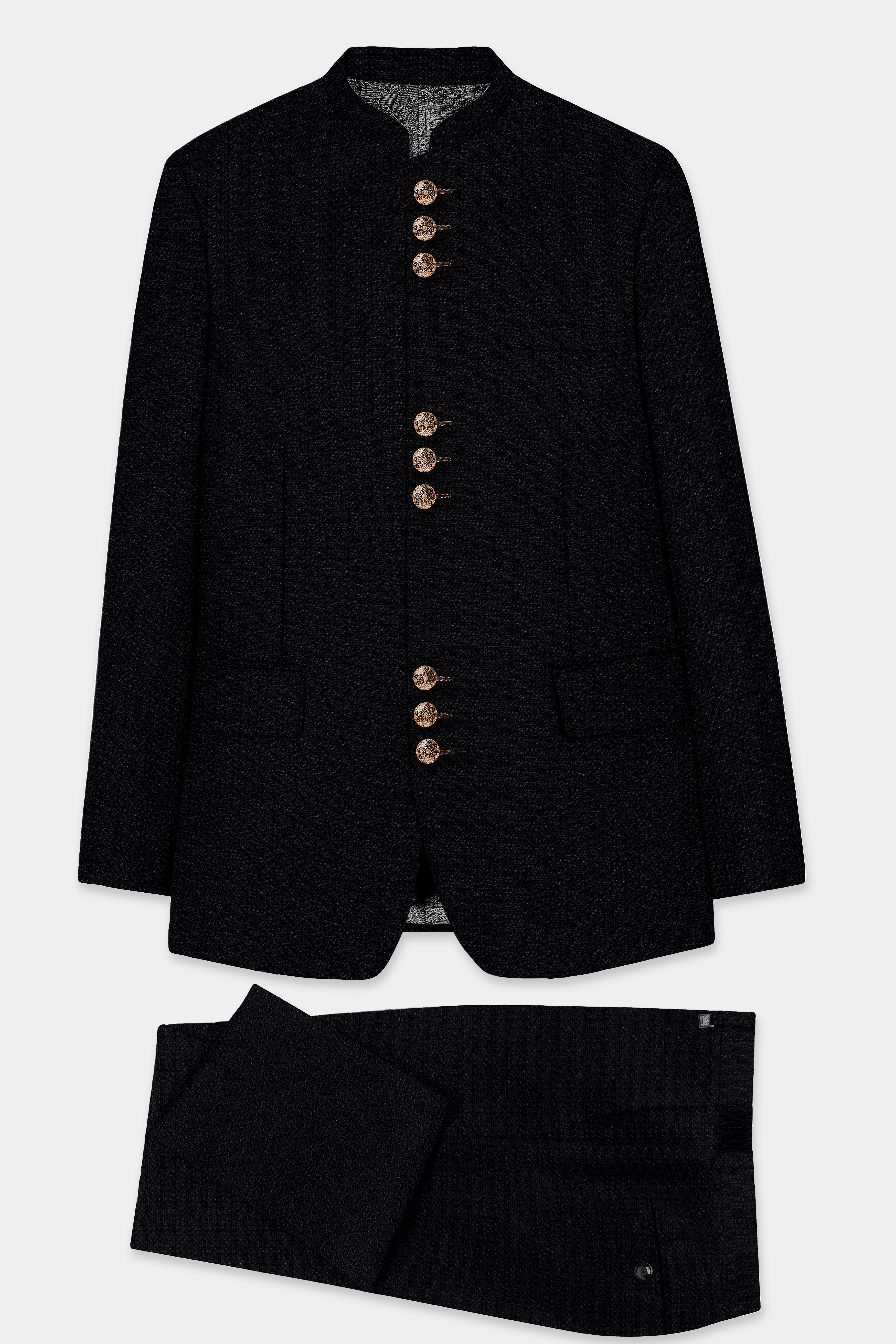 Noir-Jade Black Textured Wool Rich Bandhgala Designer Suit