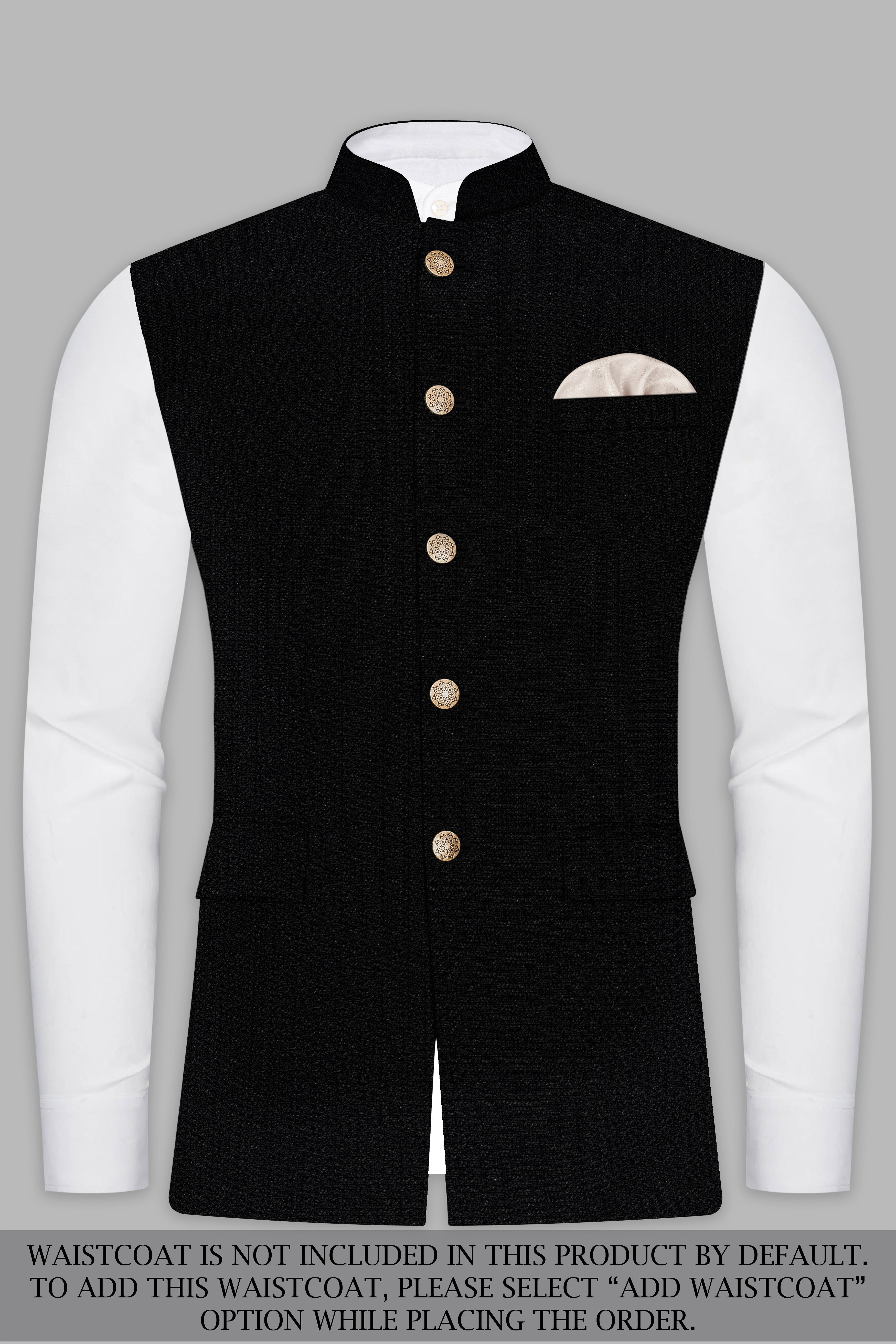 Noir-Jade Black Textured Wool Rich Bandhgala Designer Suit