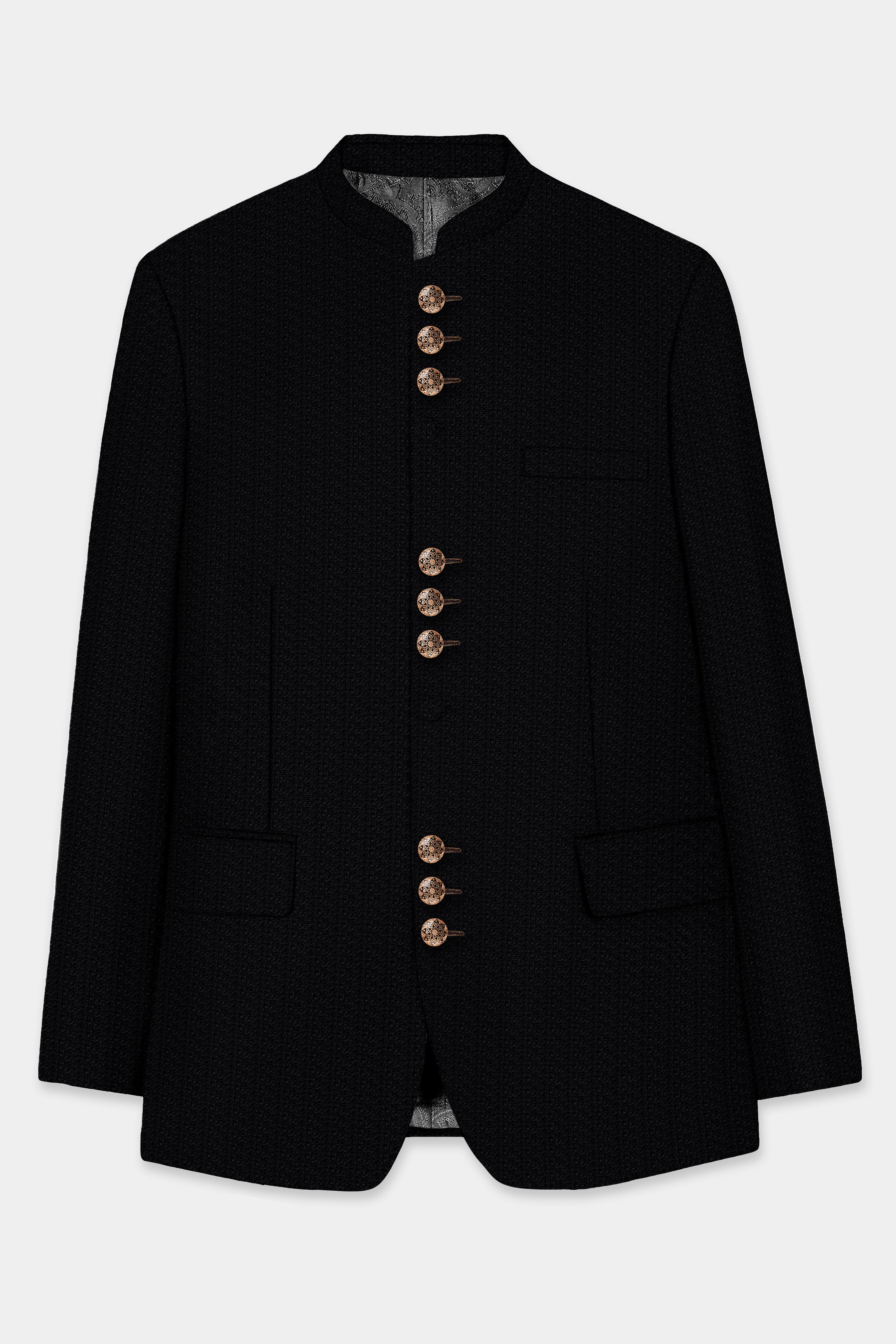 Noir-Jade Black Textured Wool Rich Bandhgala Designer Suit