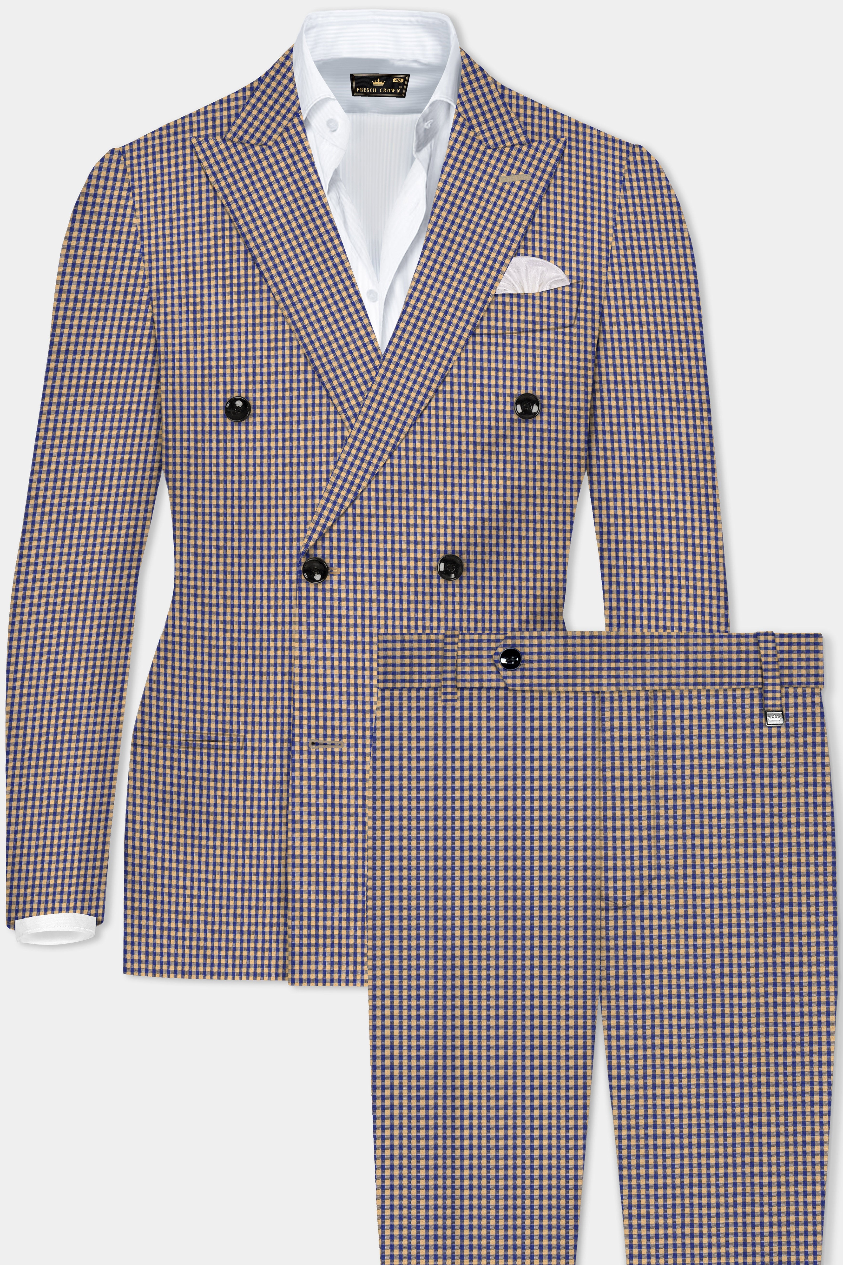 Sierra-Catalina Blue And Tacao Yellow Gingham Plaid Cotton Double Breasted Suit