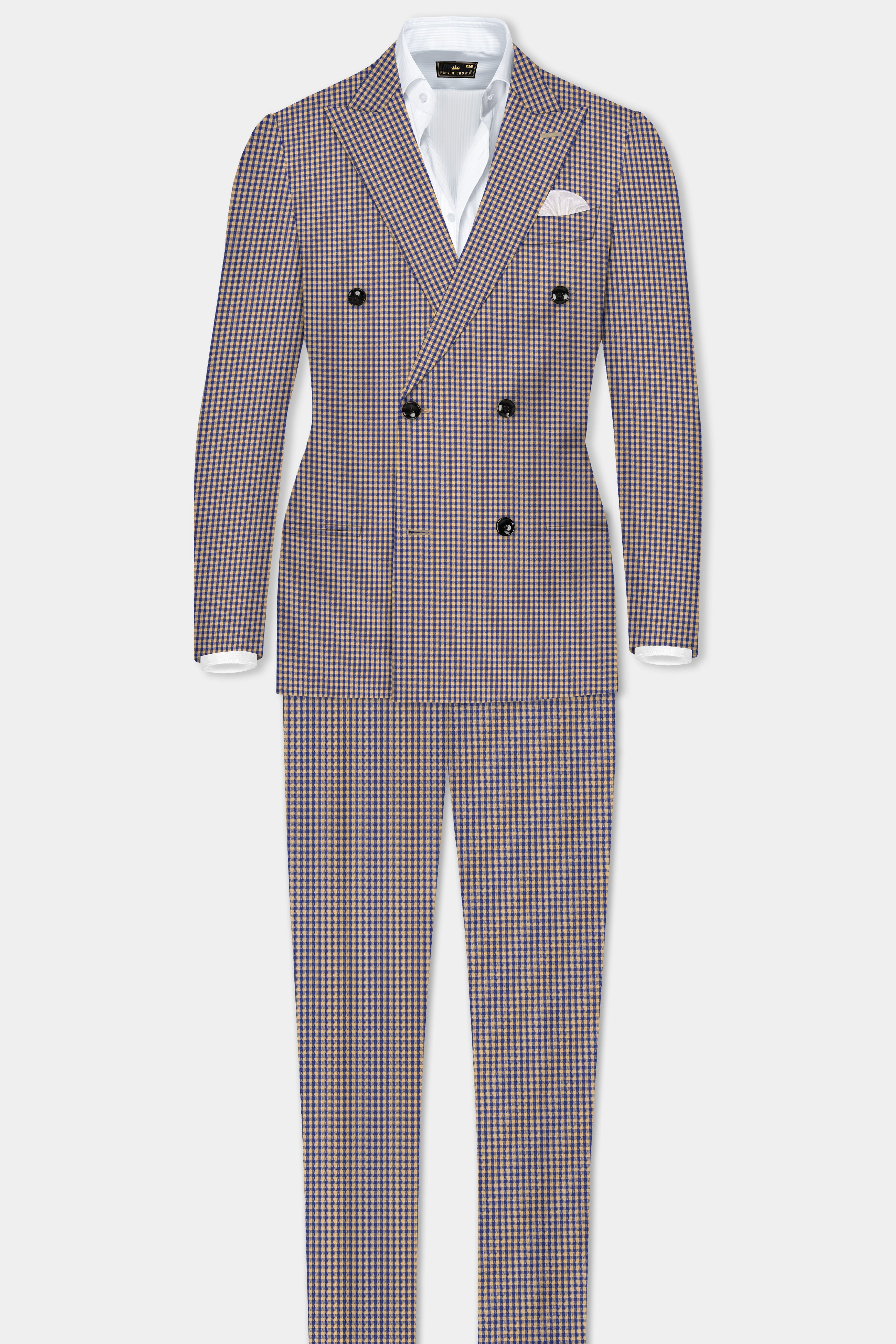 Sierra-Catalina Blue And Tacao Yellow Gingham Plaid Cotton Double Breasted Suit