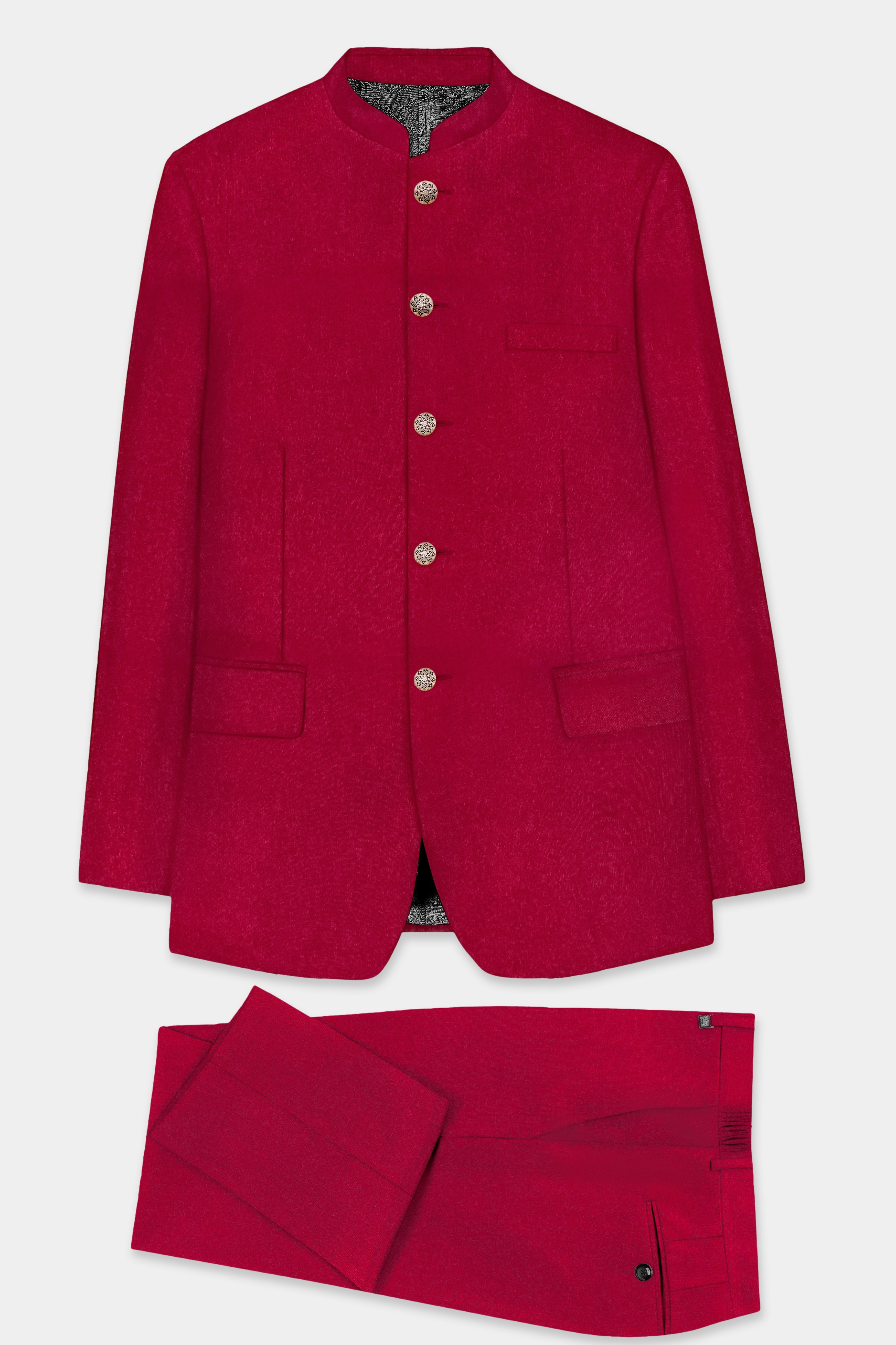 Vermilion-Chili Red Solid Wool Rich Bandhgala Slight Stretch Suit
