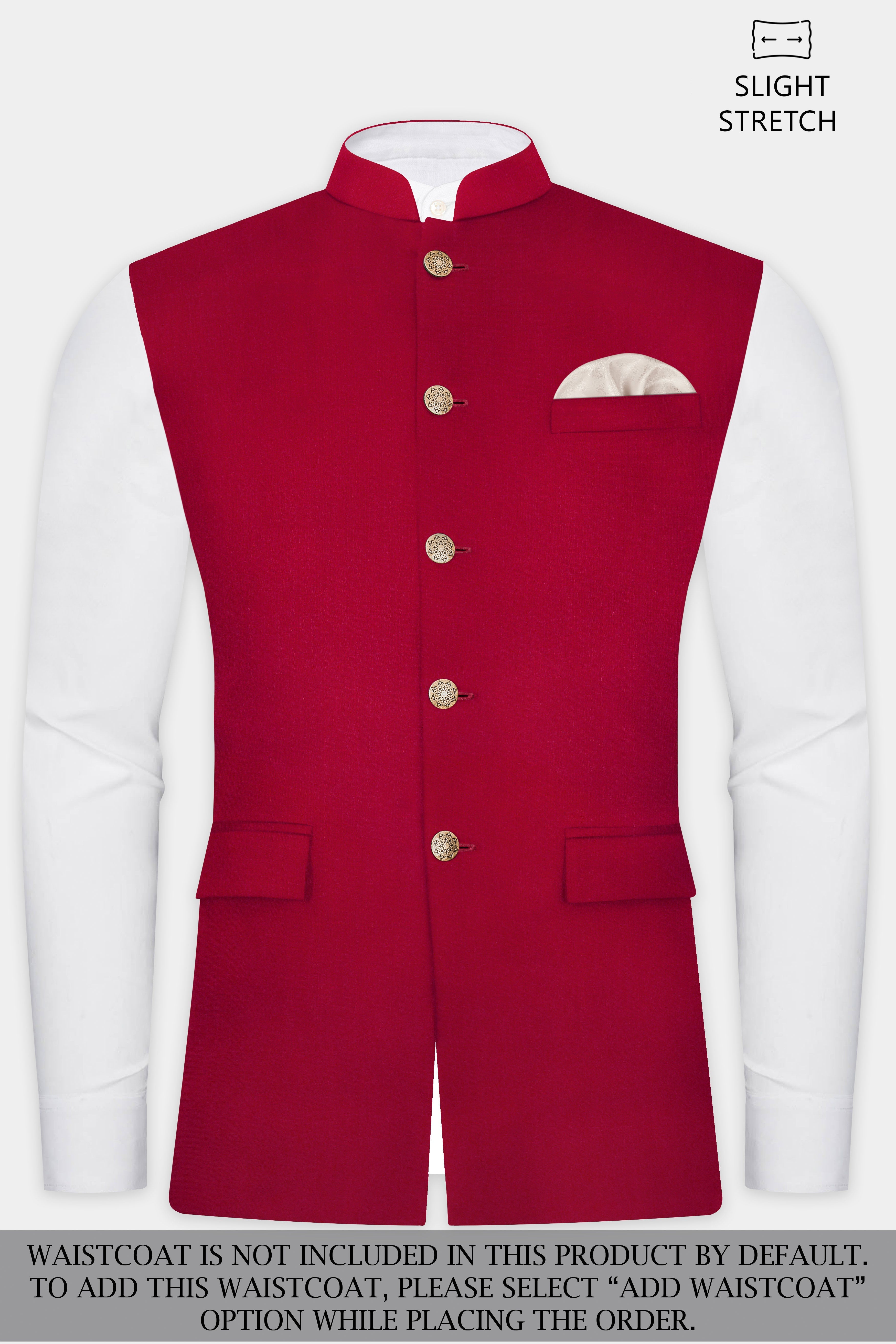 Vermilion-Chili Red Solid Wool Rich Bandhgala Slight Stretch Suit