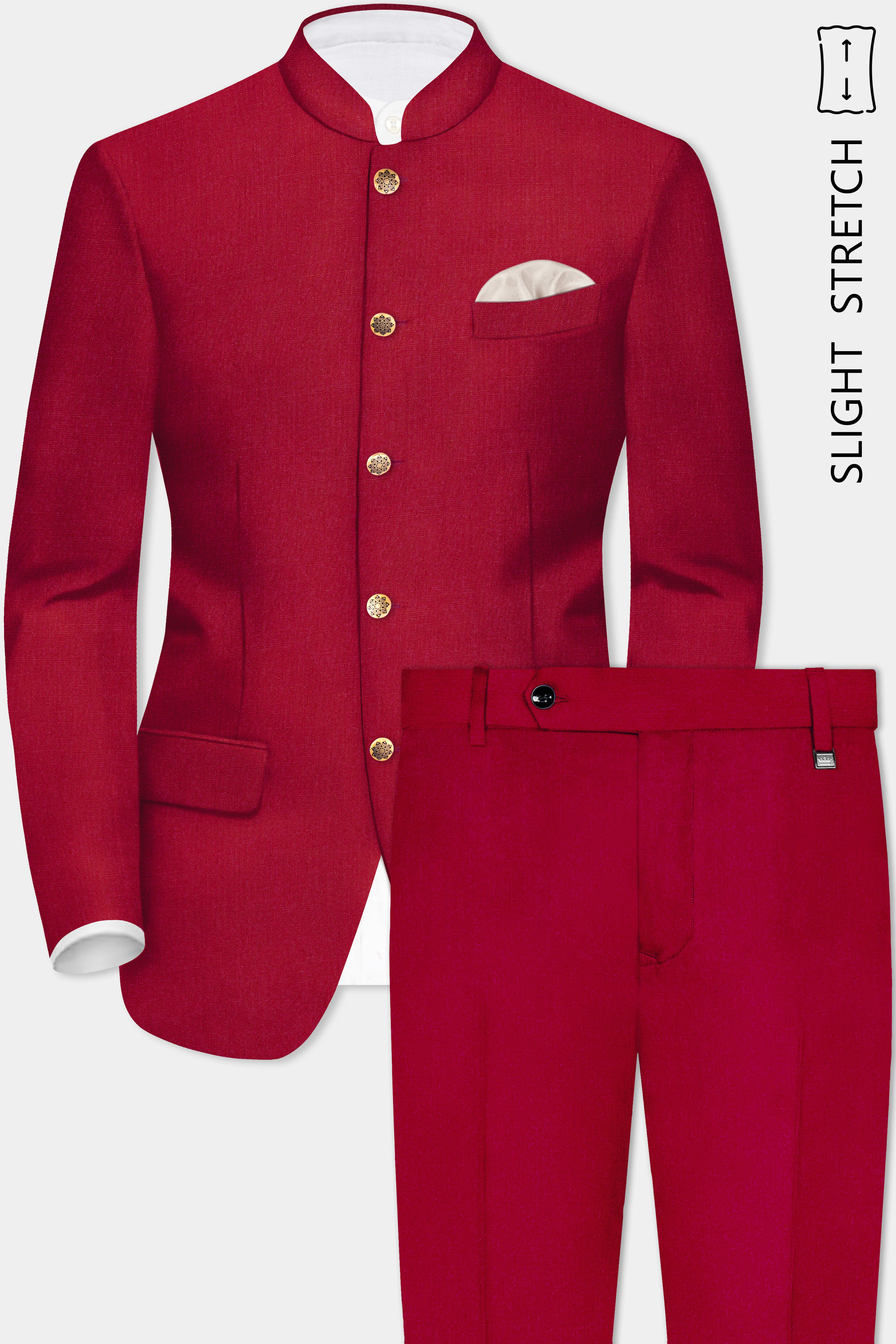 Vermilion-Chili Red Solid Wool Rich Bandhgala Slight Stretch Suit