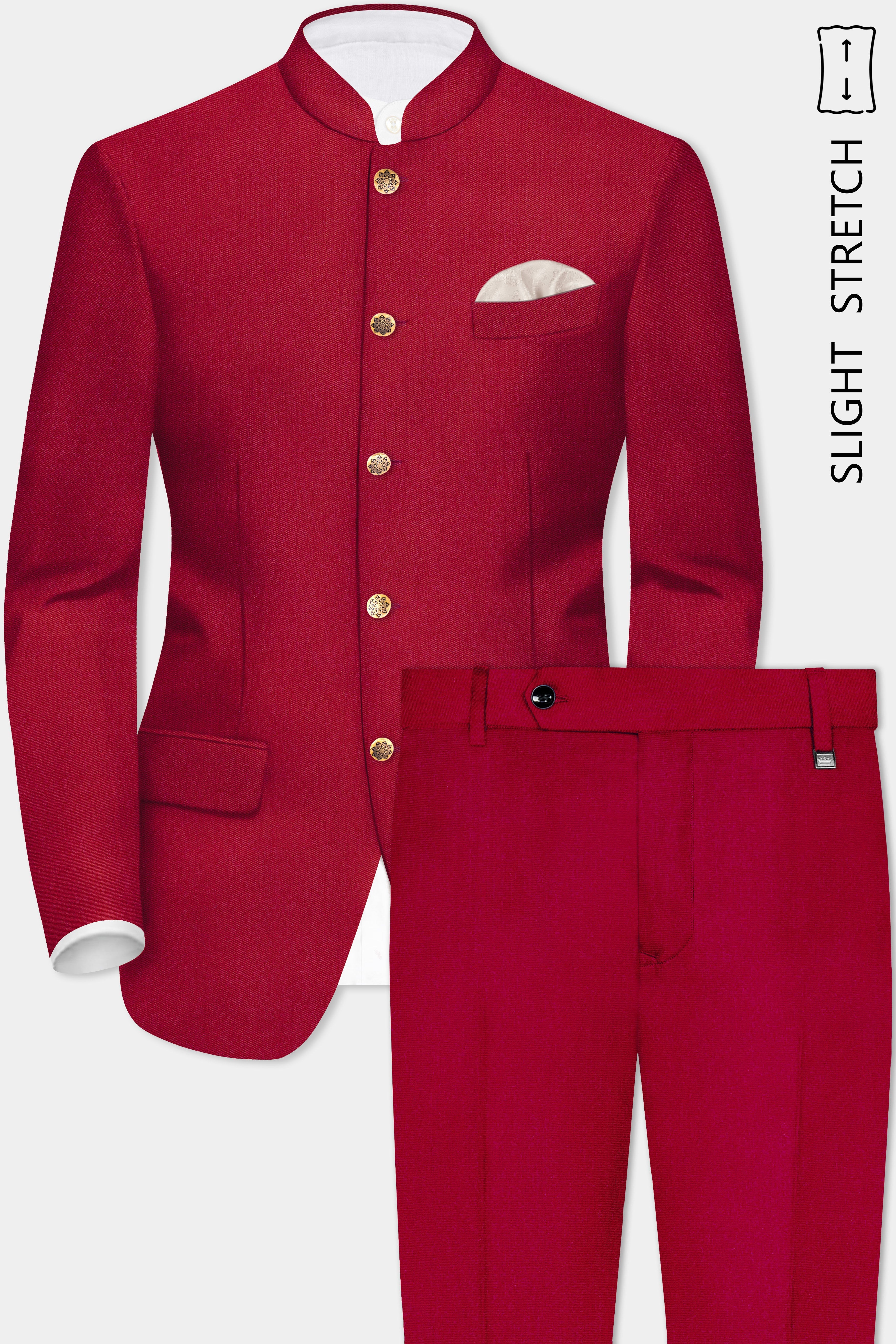 Vermilion-Chili Red Solid Wool Rich Bandhgala Slight Stretch Suit
