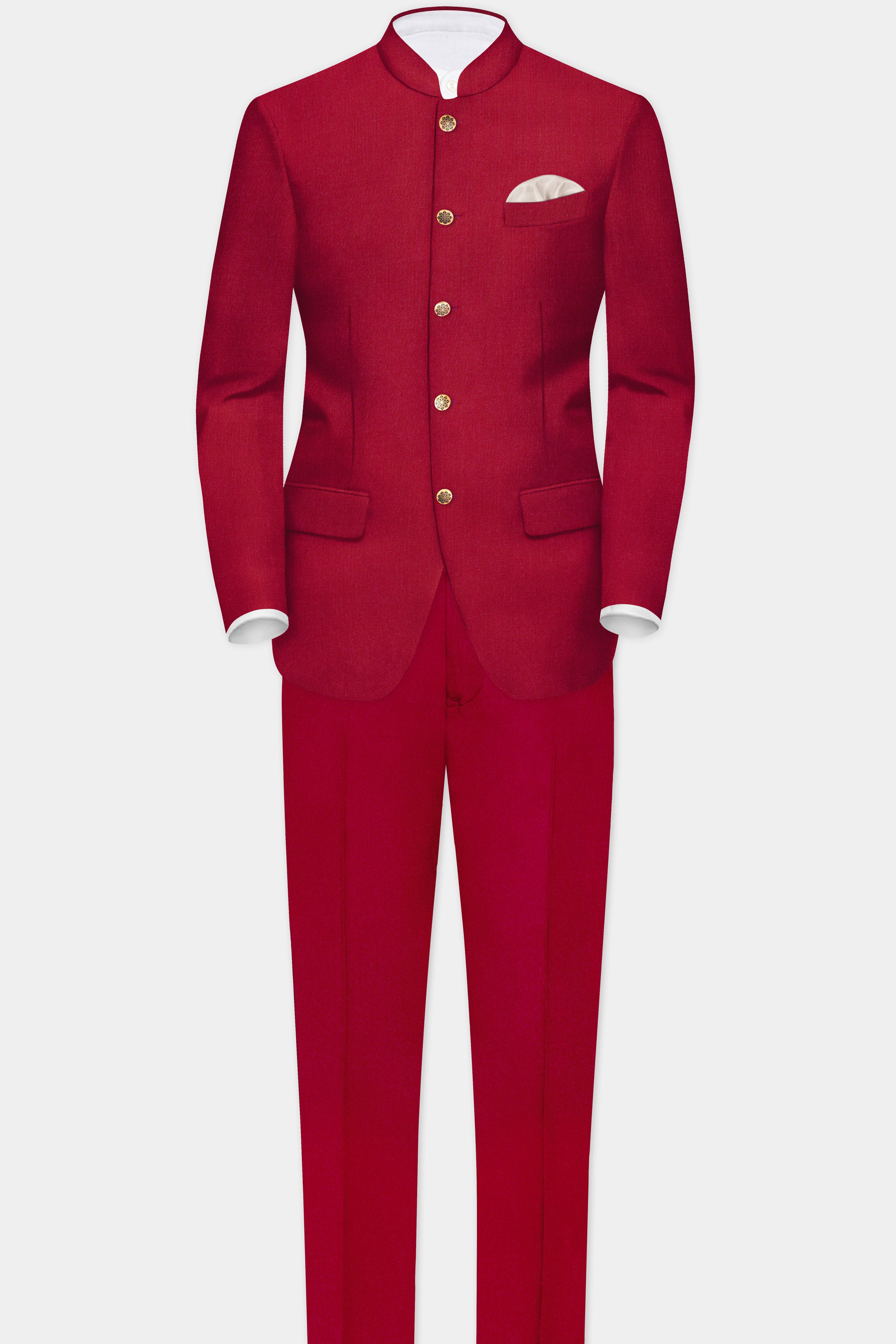 Vermilion-Chili Red Solid Wool Rich Bandhgala Slight Stretch Suit