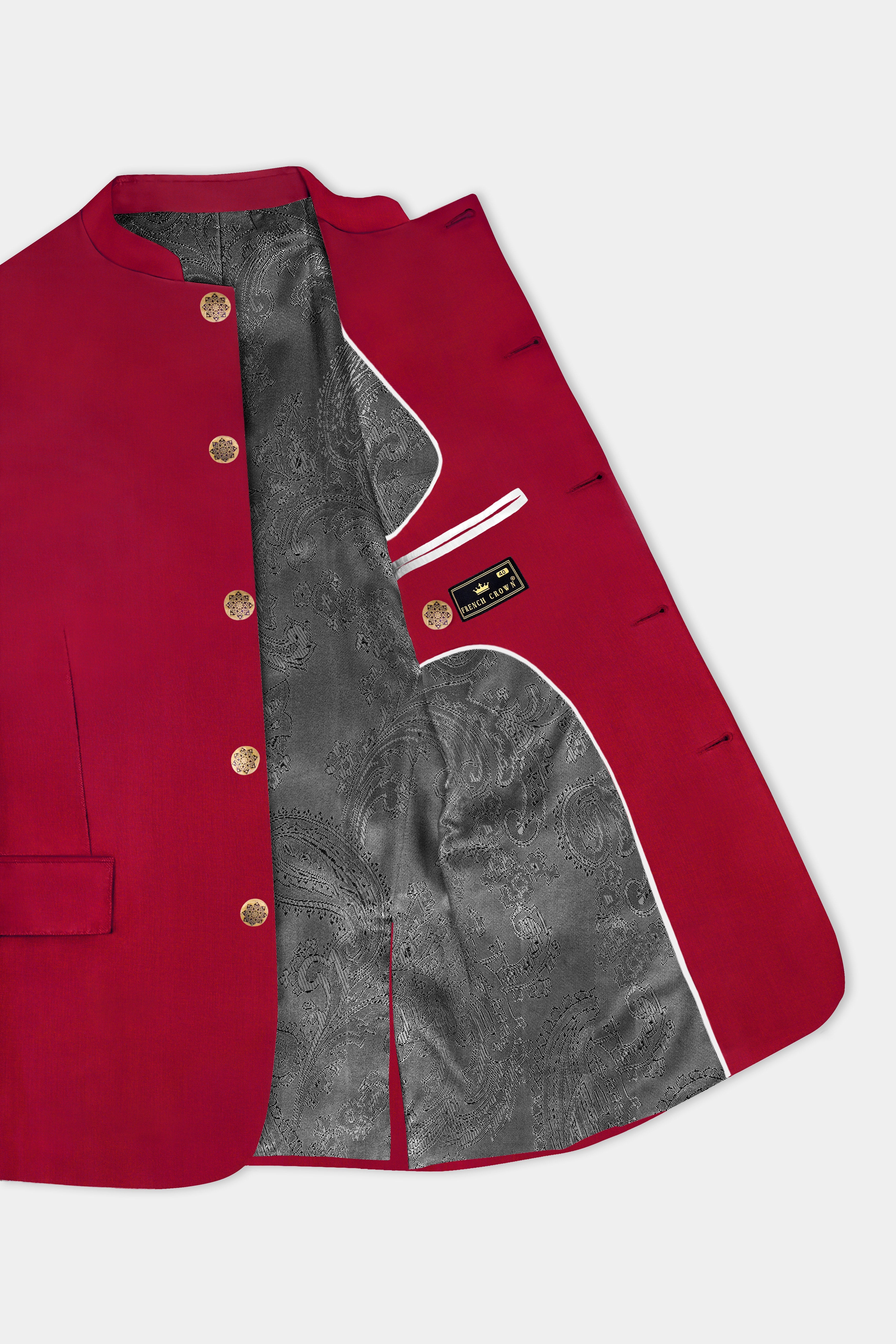 Vermilion-Chili Red Solid Wool Rich Bandhgala Slight Stretch Suit
