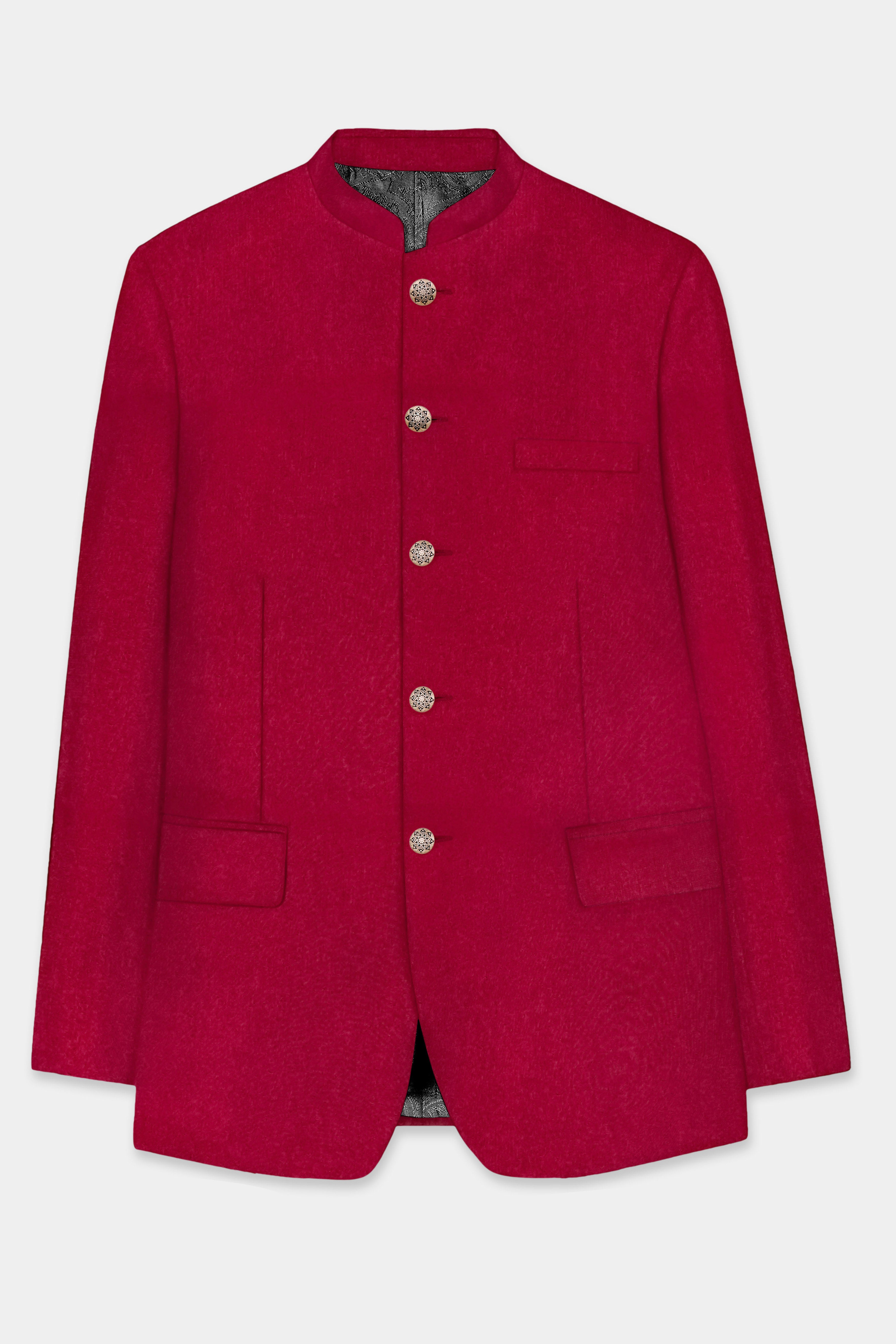 Vermilion-Chili Red Solid Wool Rich Bandhgala Slight Stretch Suit