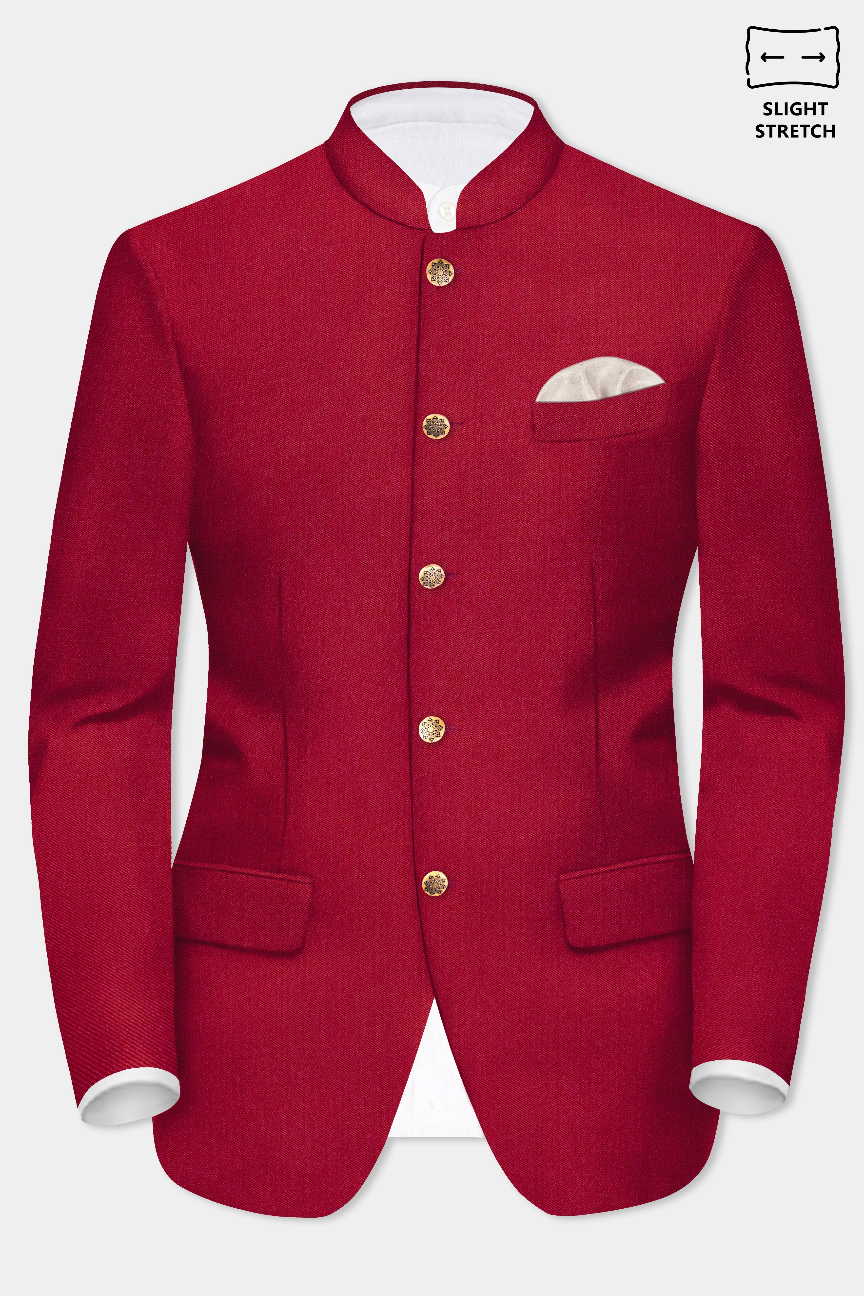 Vermilion-Chili Red Solid Wool Rich Bandhgala Slight Stretch Suit