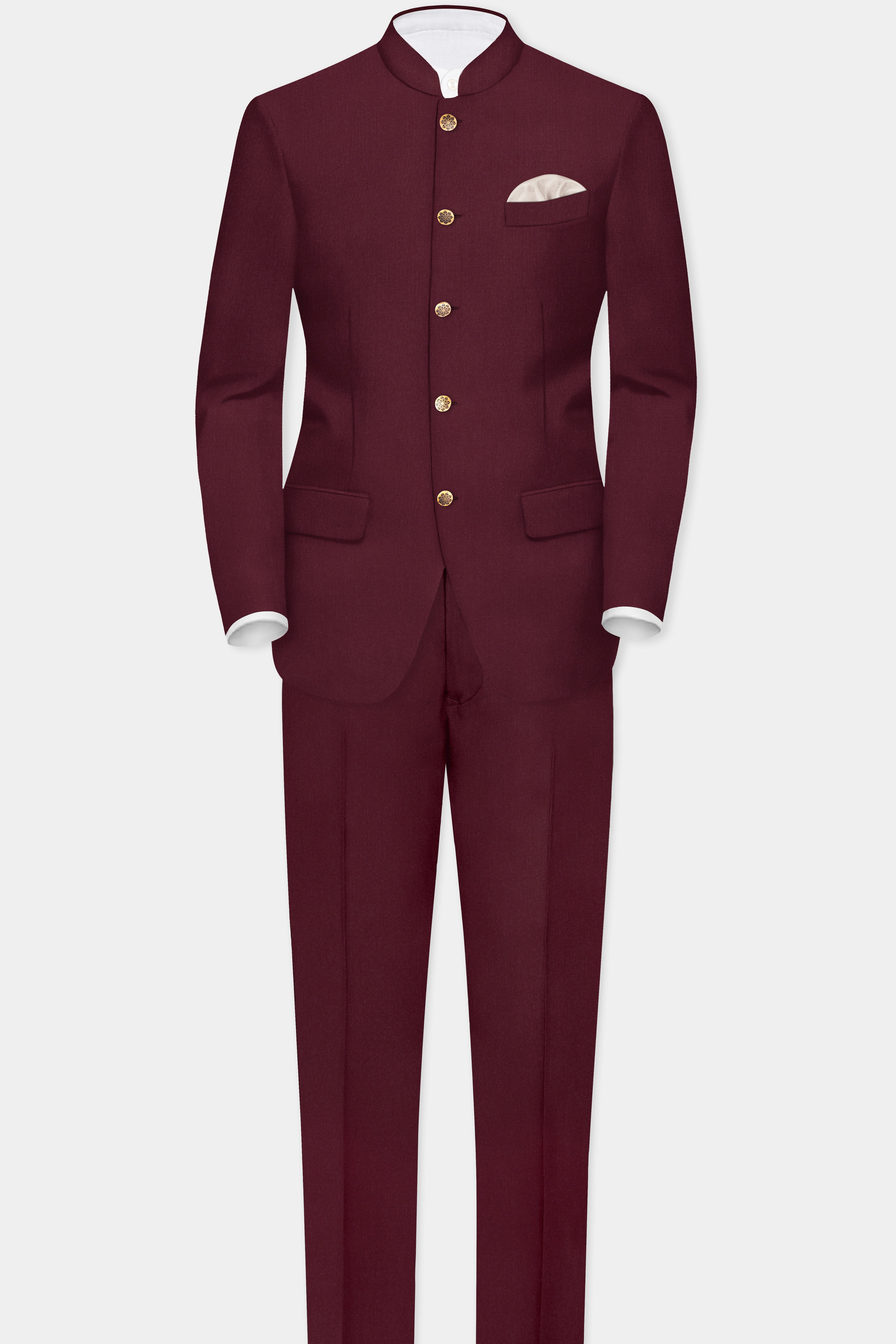 Merlot-Wine Berry Solid Wool Rich Bandhgala Suit