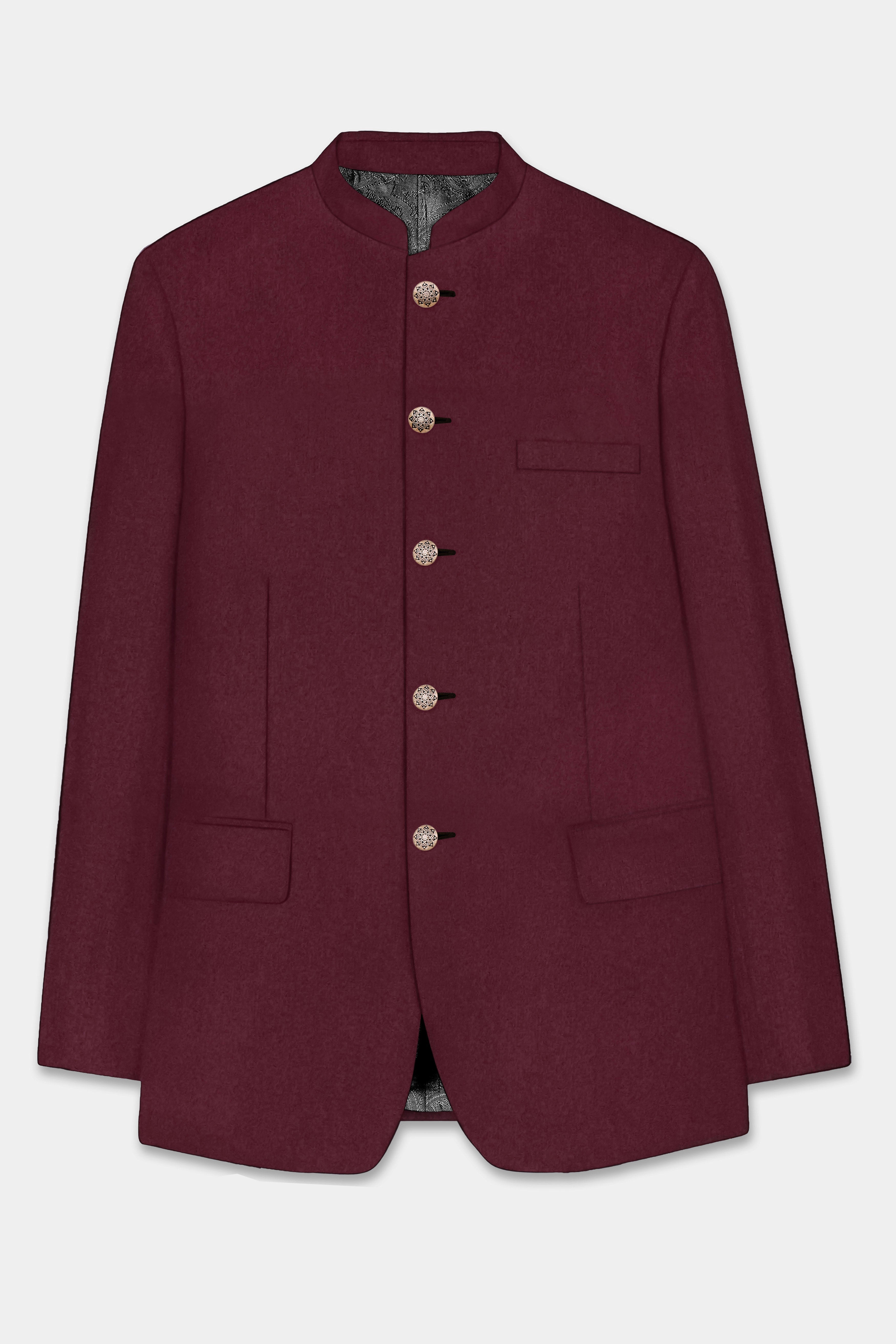 Merlot-Wine Berry Solid Wool Rich Bandhgala Slight Stretch Suit