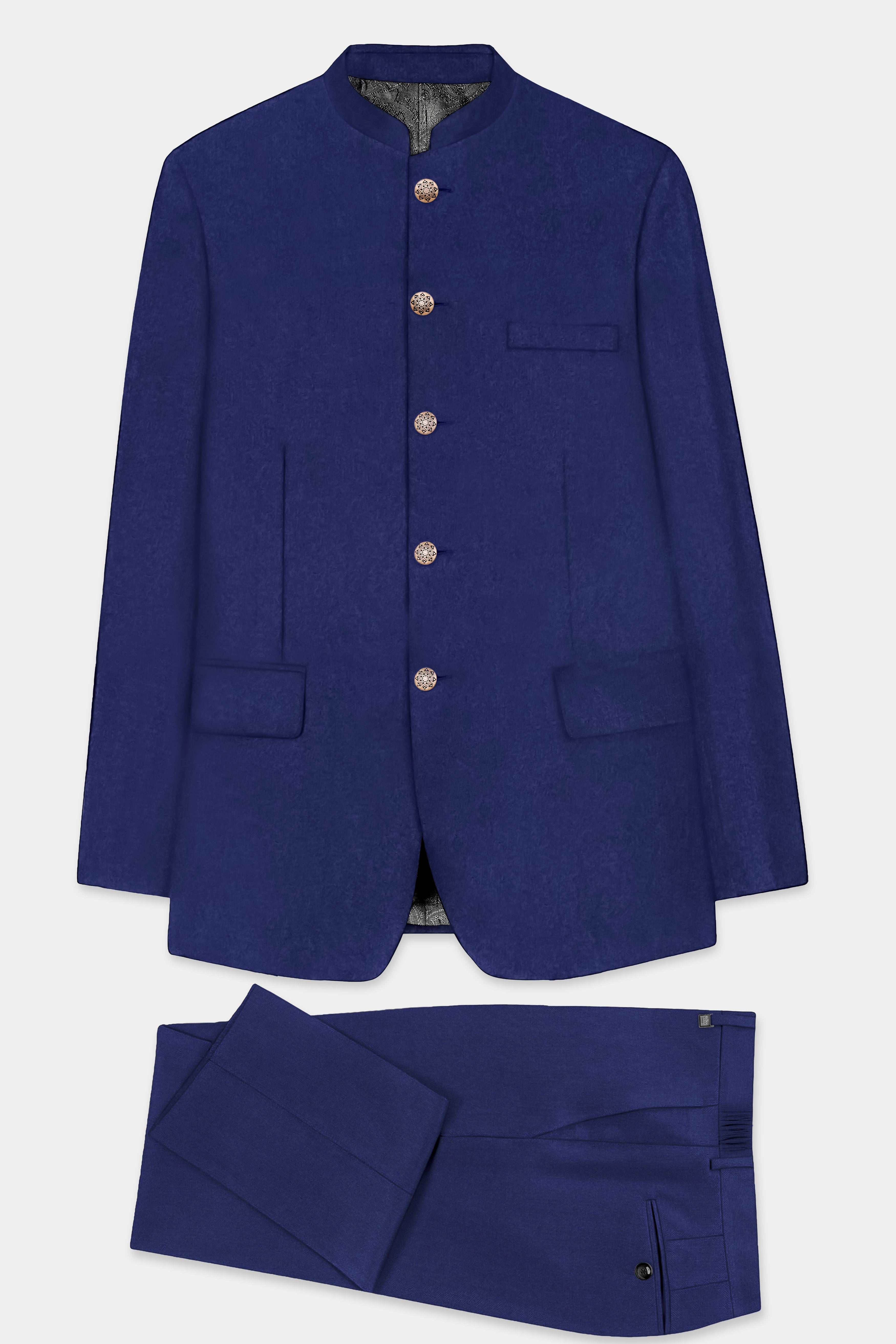 Celestia-Zodiac Blue Solid Wool Rich Bandhgala Suit