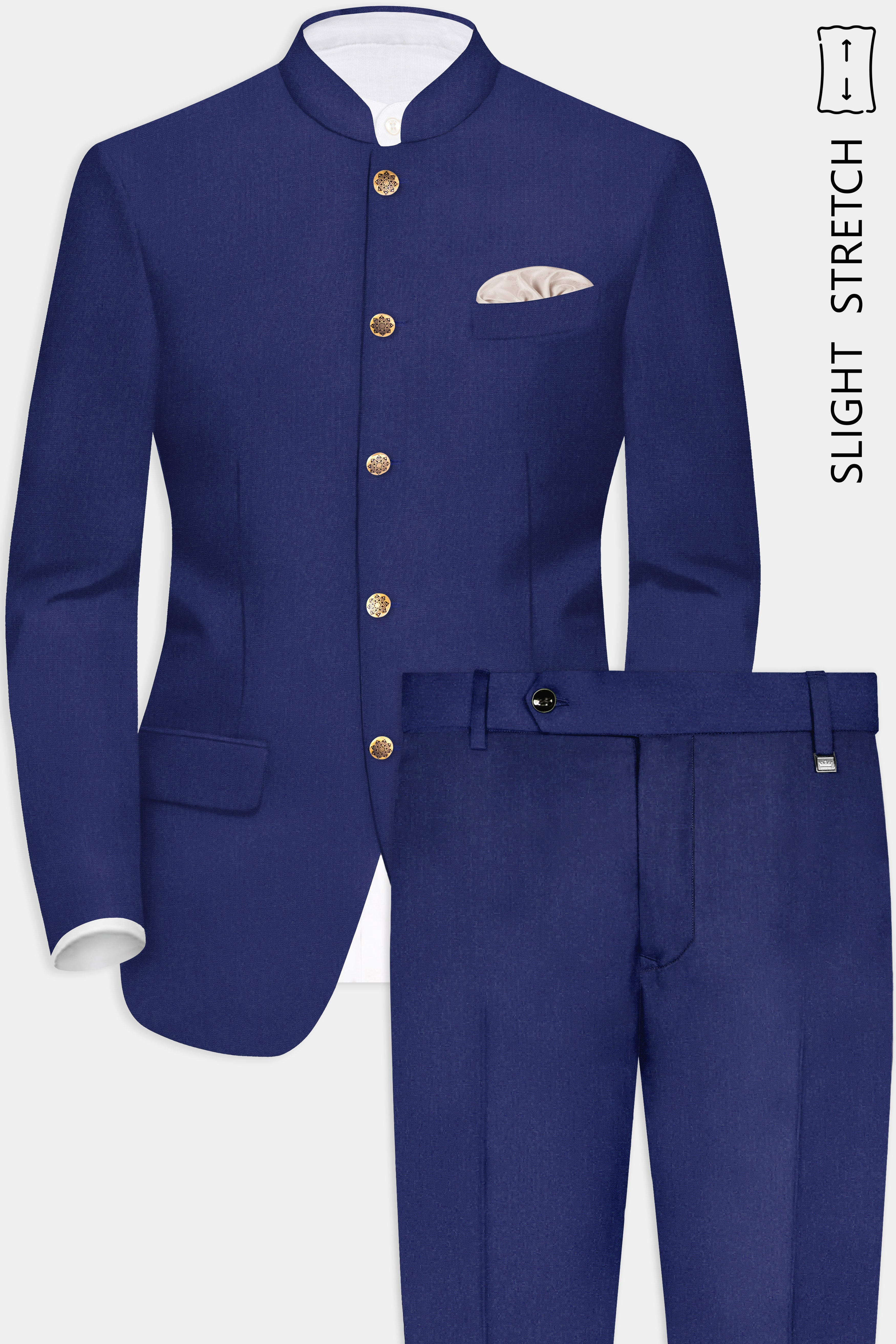 Celestia-Blue Solid Wool Rich Bandhgala Slight Stretch Suit