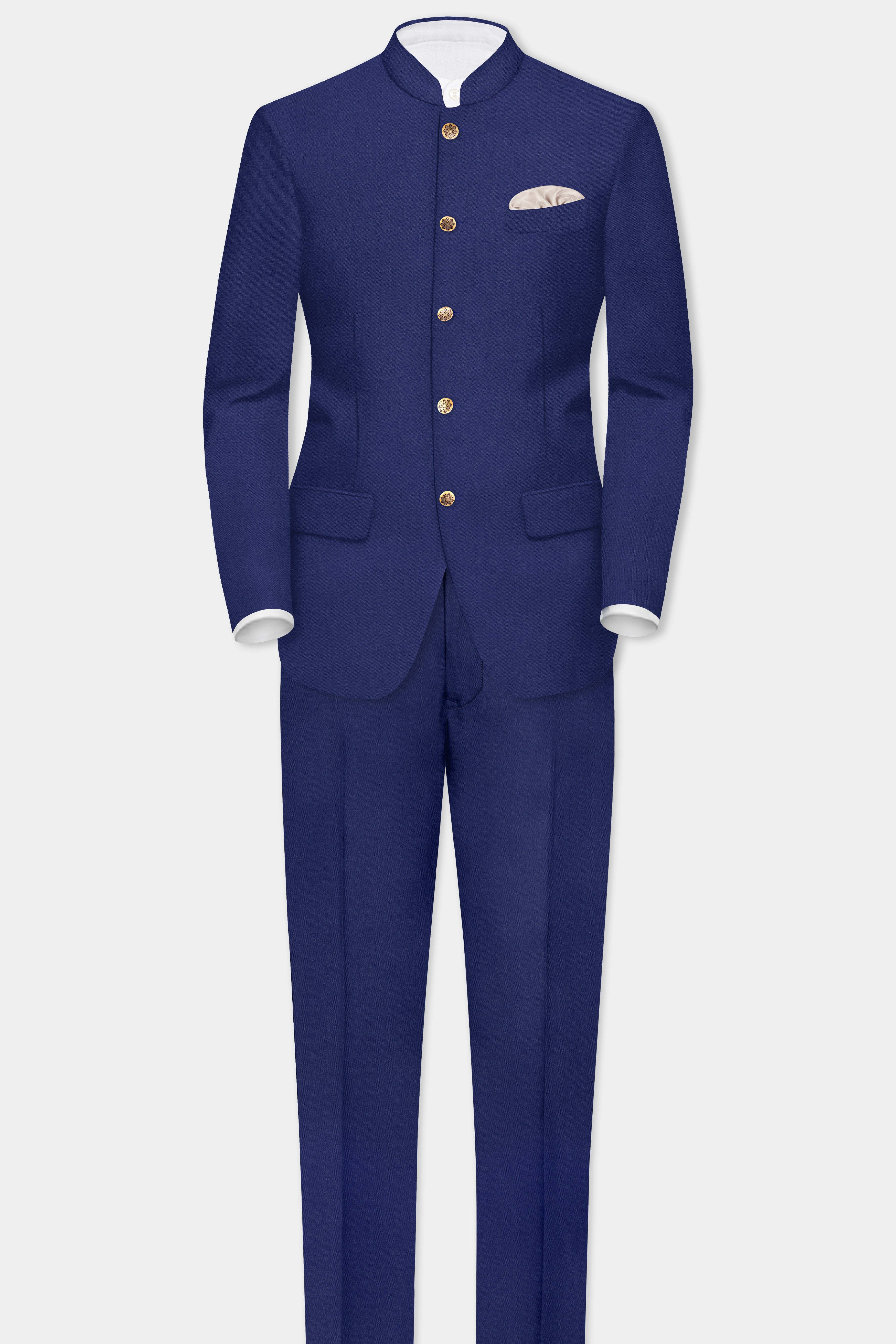 Celestia-Zodiac Blue Solid Wool Rich Bandhgala Suit