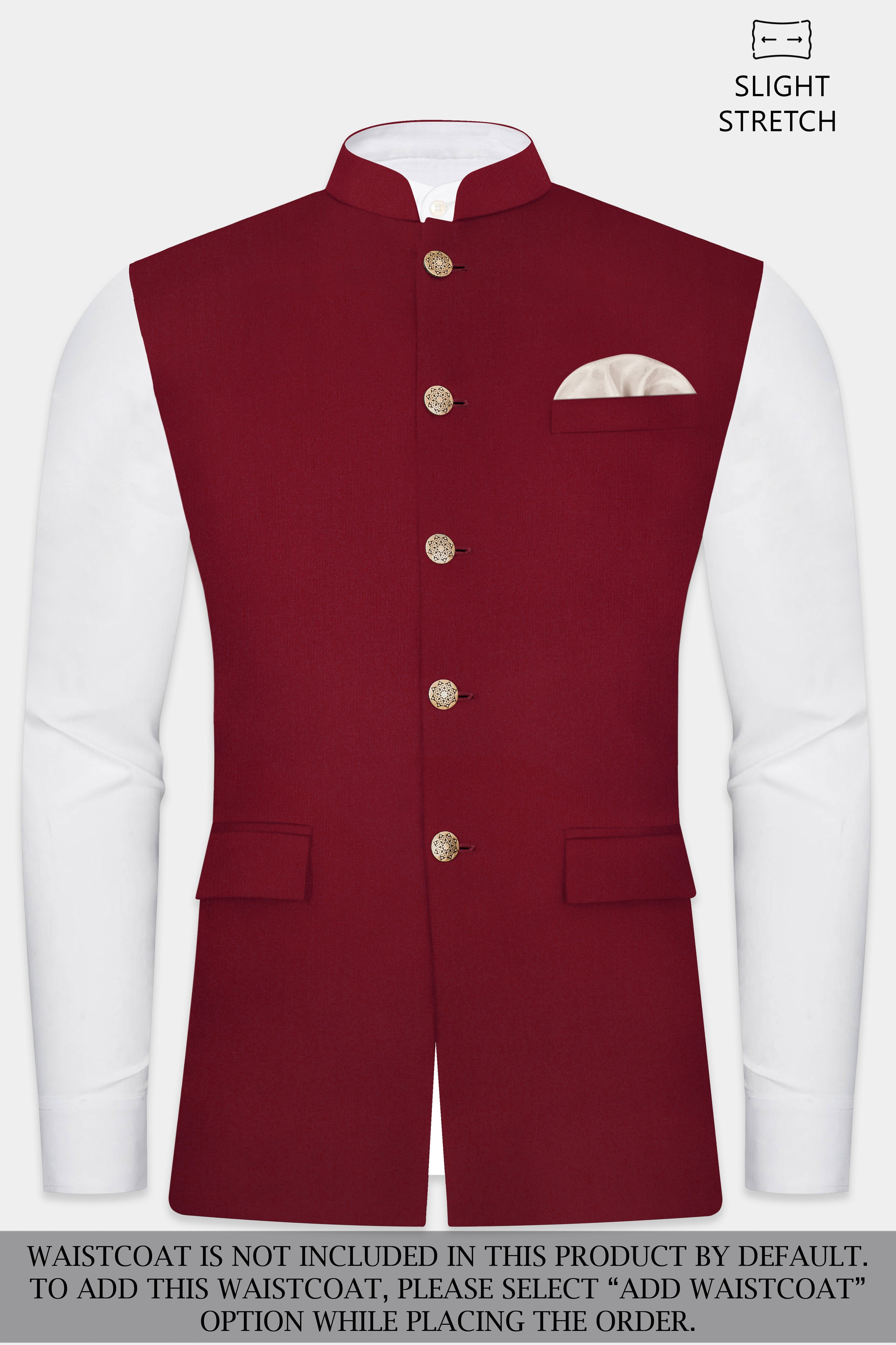 CrimsonAce-Cherry Red Solid Wool Rich Bandhgala Slight Stretch Suit