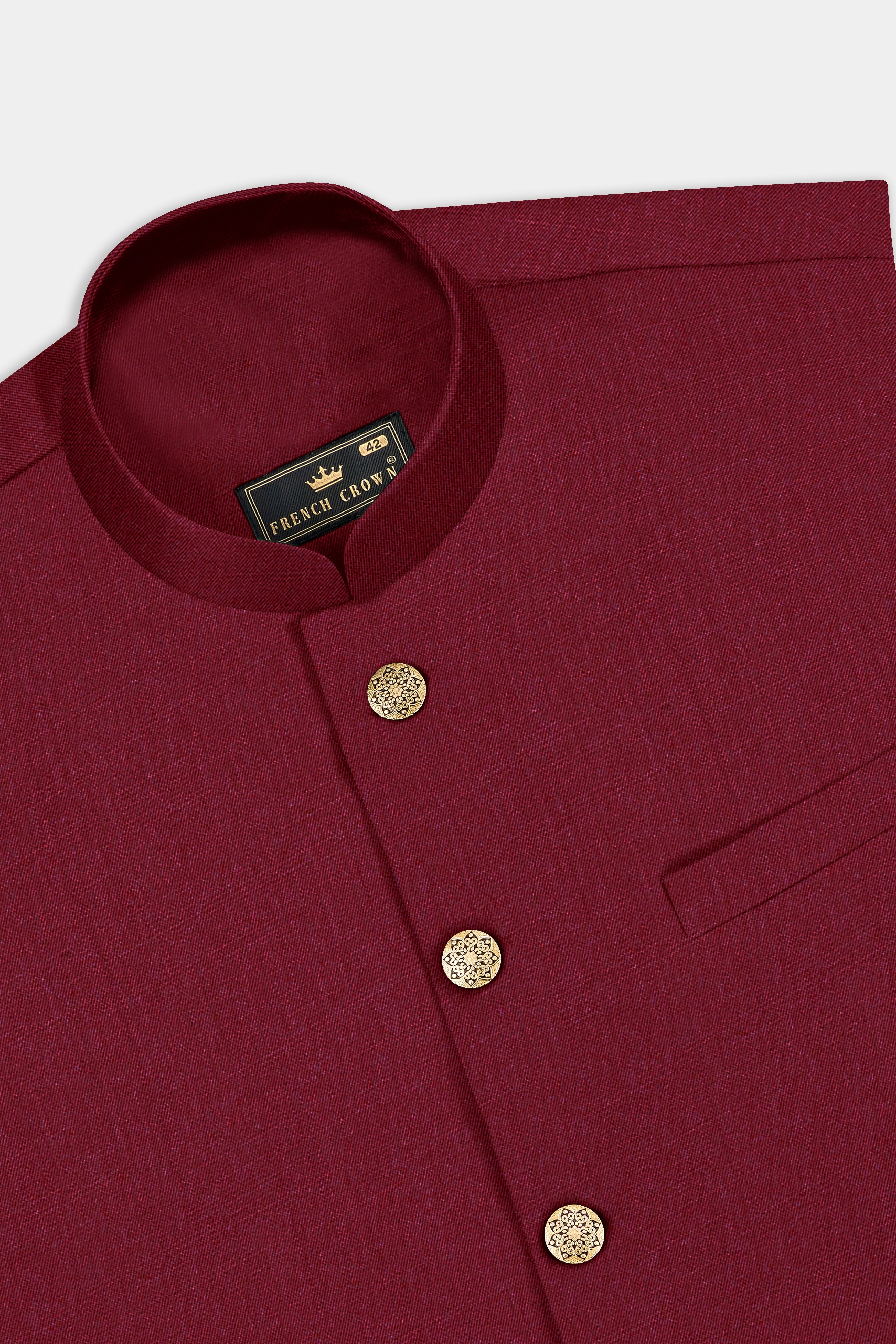 CrimsonAce-Cherry Red Solid Wool Rich Bandhgala Slight Stretch Suit