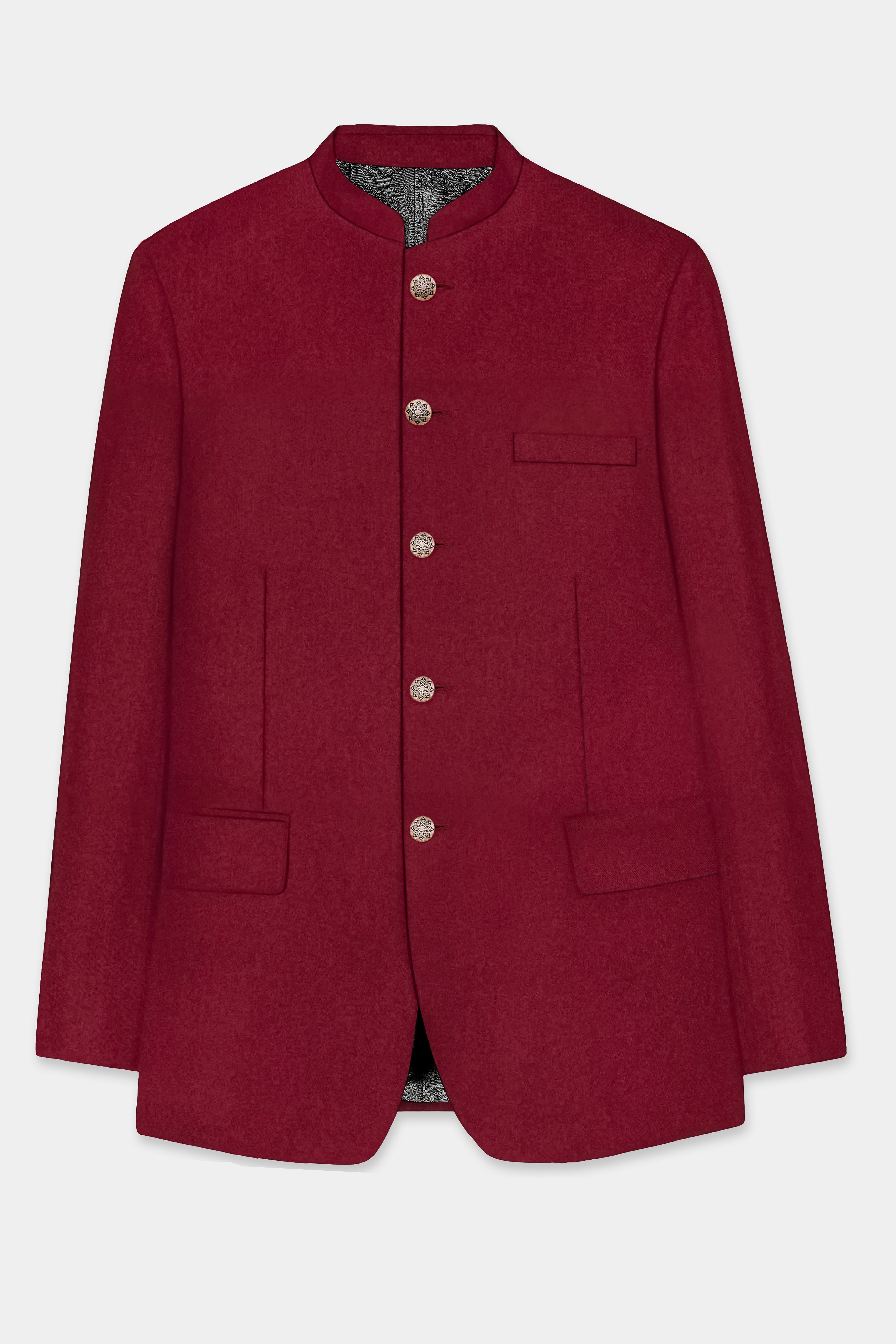 CrimsonAce-Cherry Red Solid Wool Rich Bandhgala Slight Stretch Suit