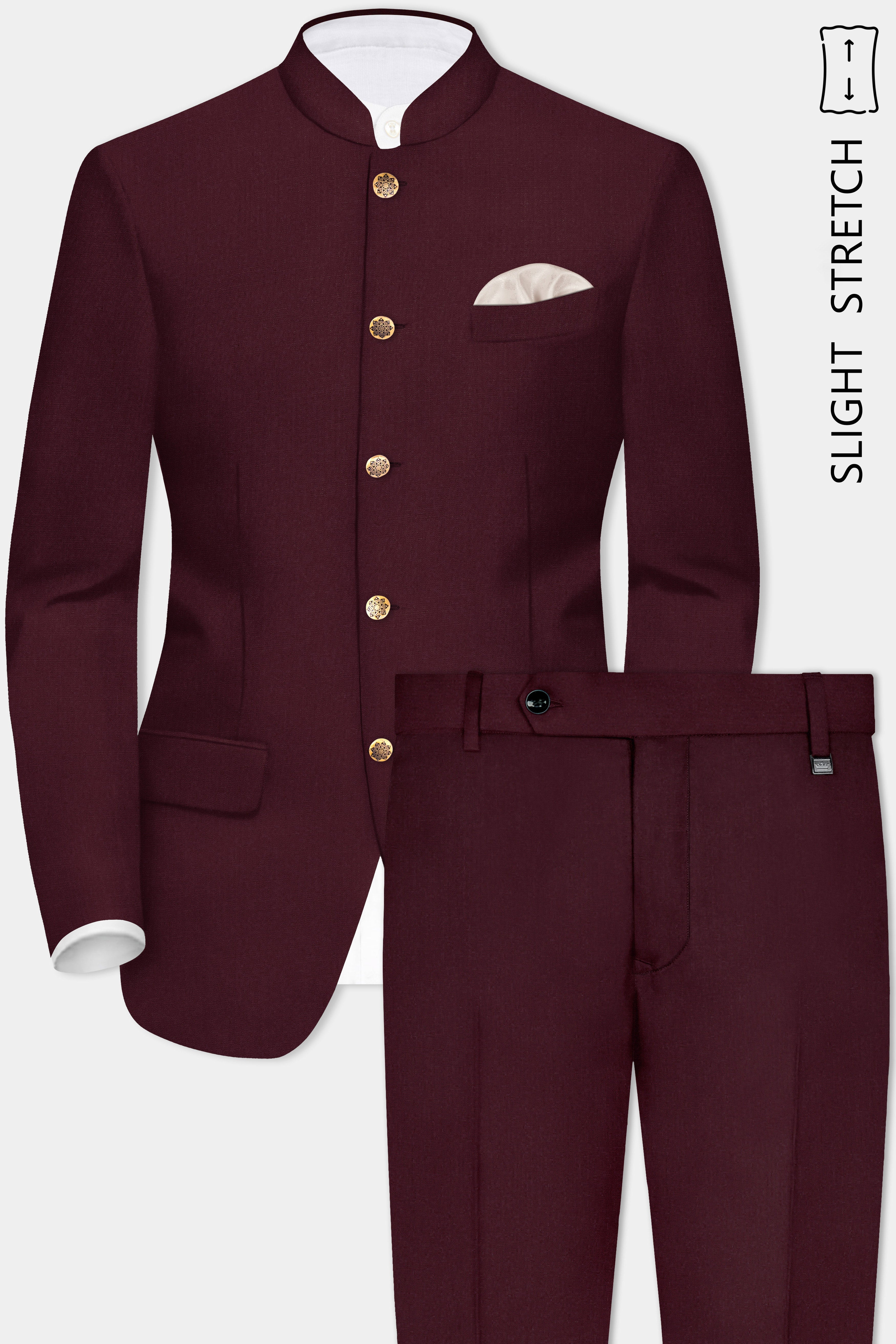 SepiaElite-Tamarind Brown Solid Wool Rich Bandhgala Slight Stretch Suit