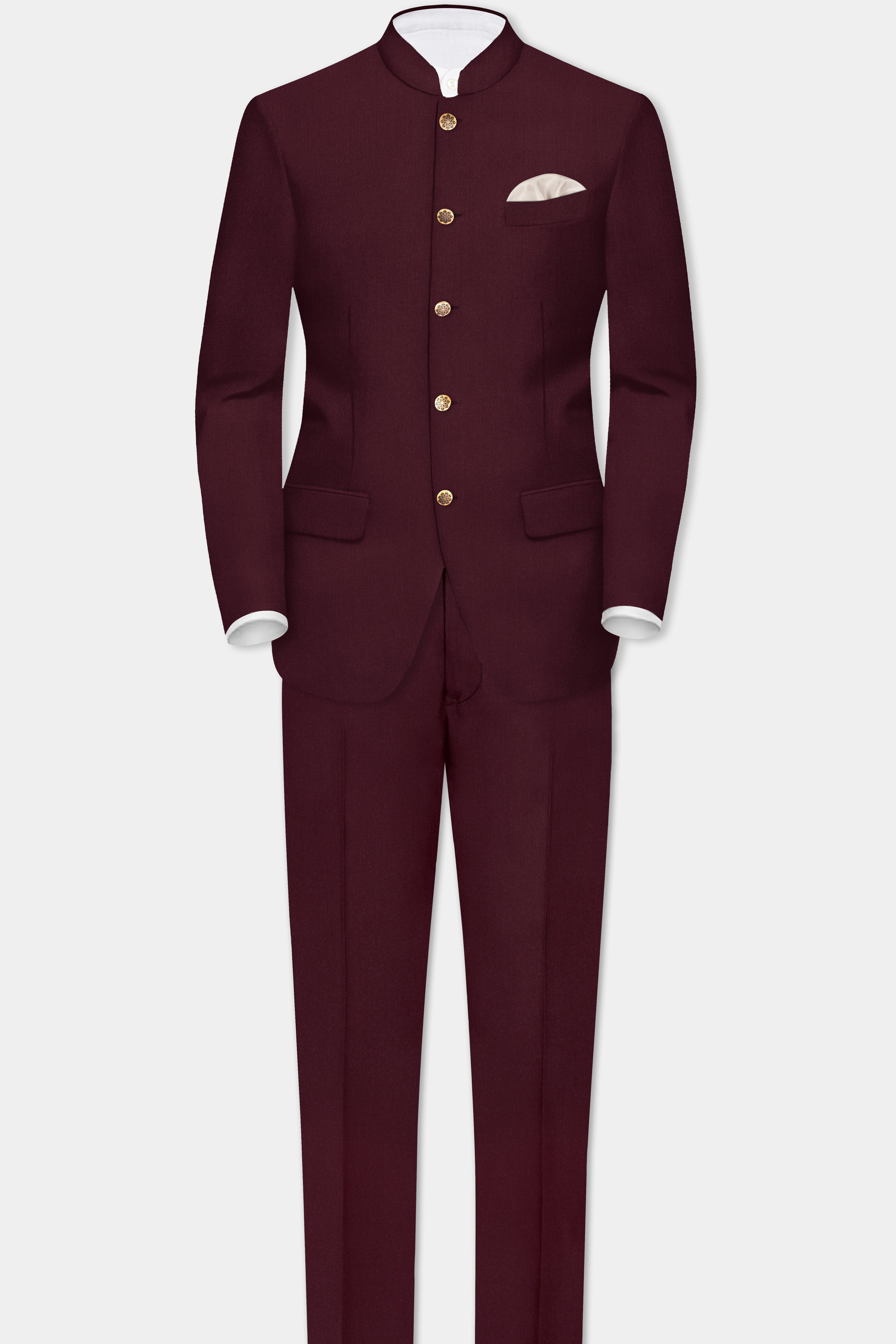 SepiaElite-Tamarind Brown Solid Wool Rich Bandhgala Slight Stretch Suit