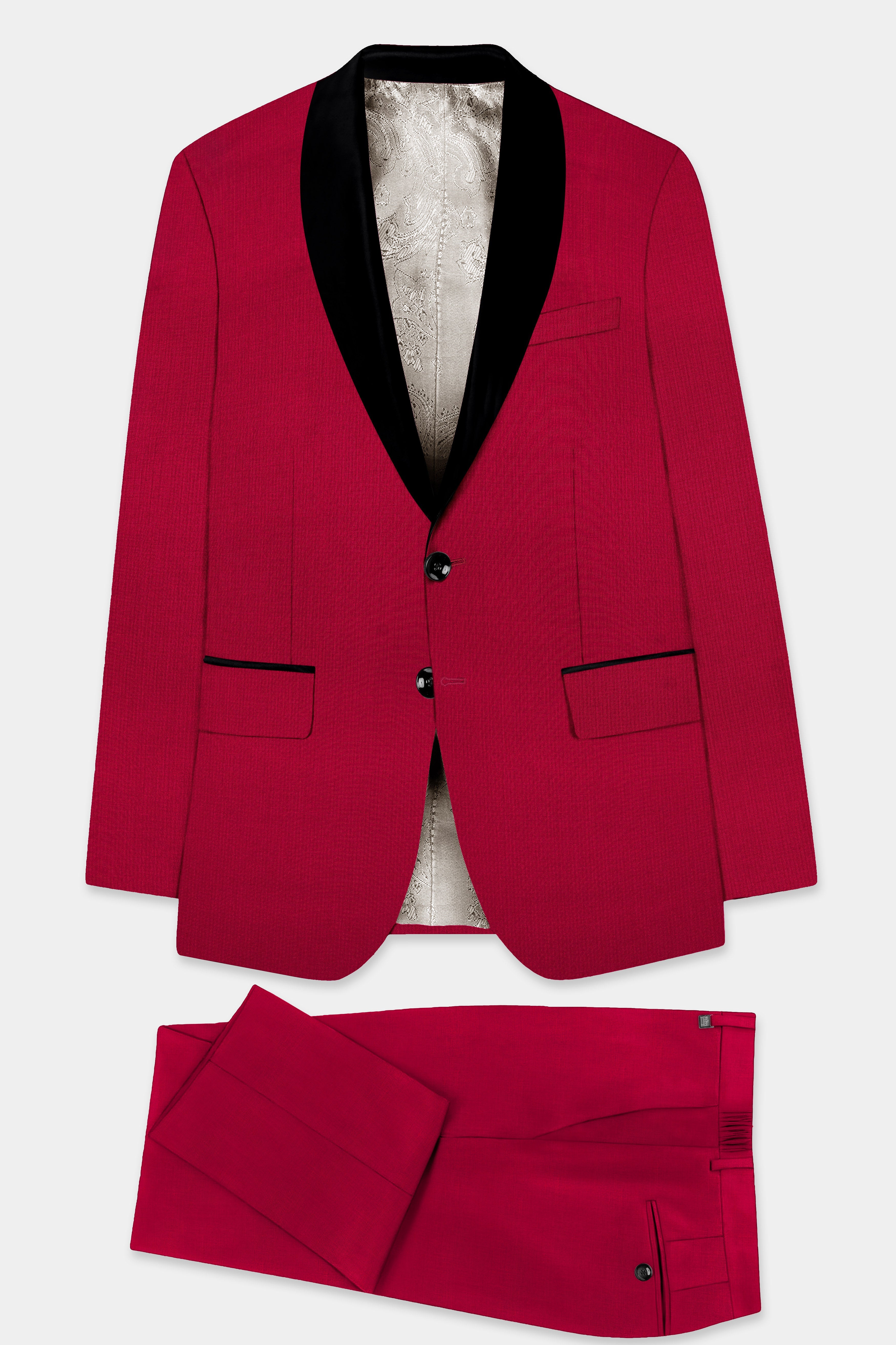 Vermilion-Chili Red Solid Wool Rich Tuxedo Slight Stretch Suit