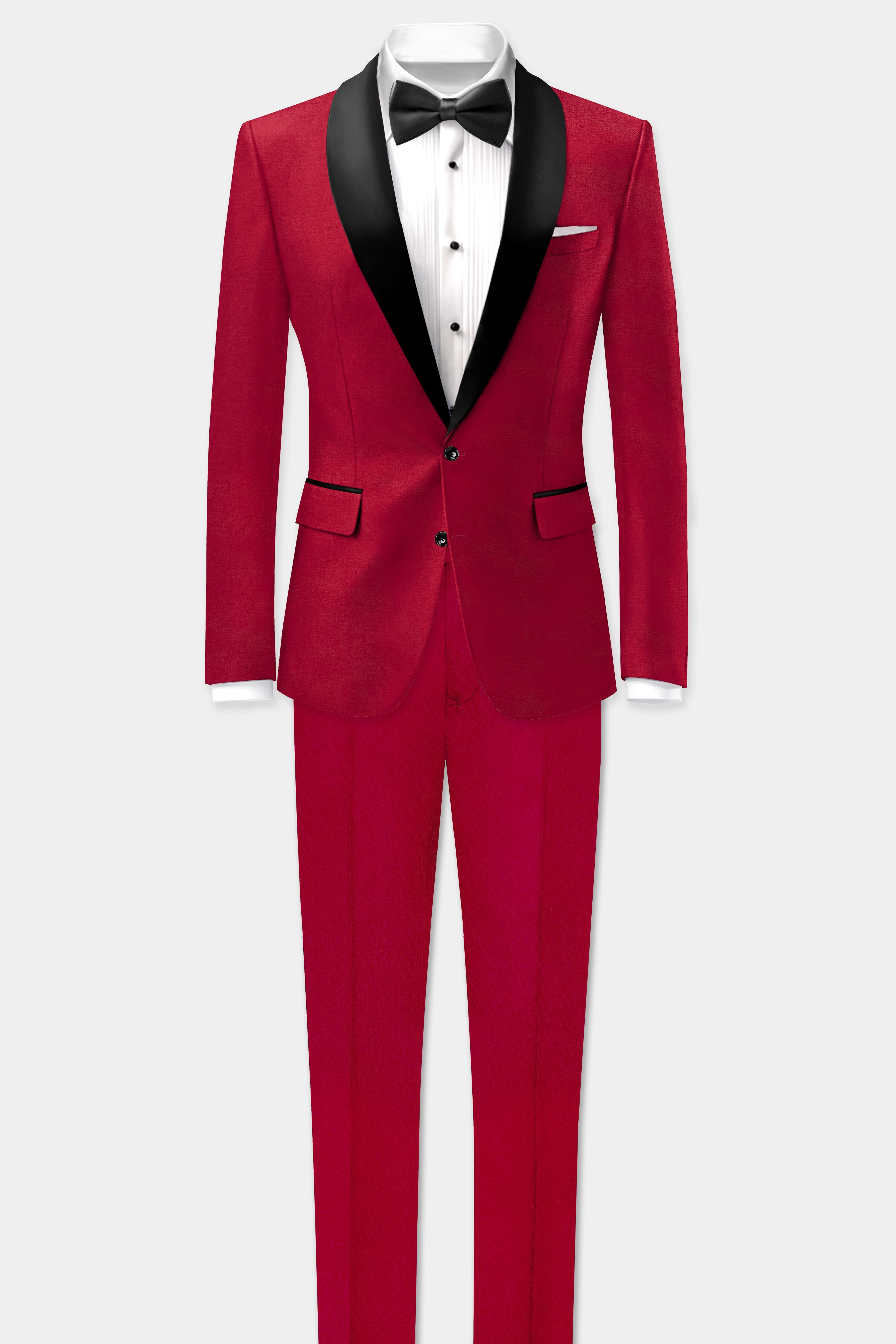Vermilion-Chili Red Solid Wool Rich Tuxedo Slight Stretch Suit