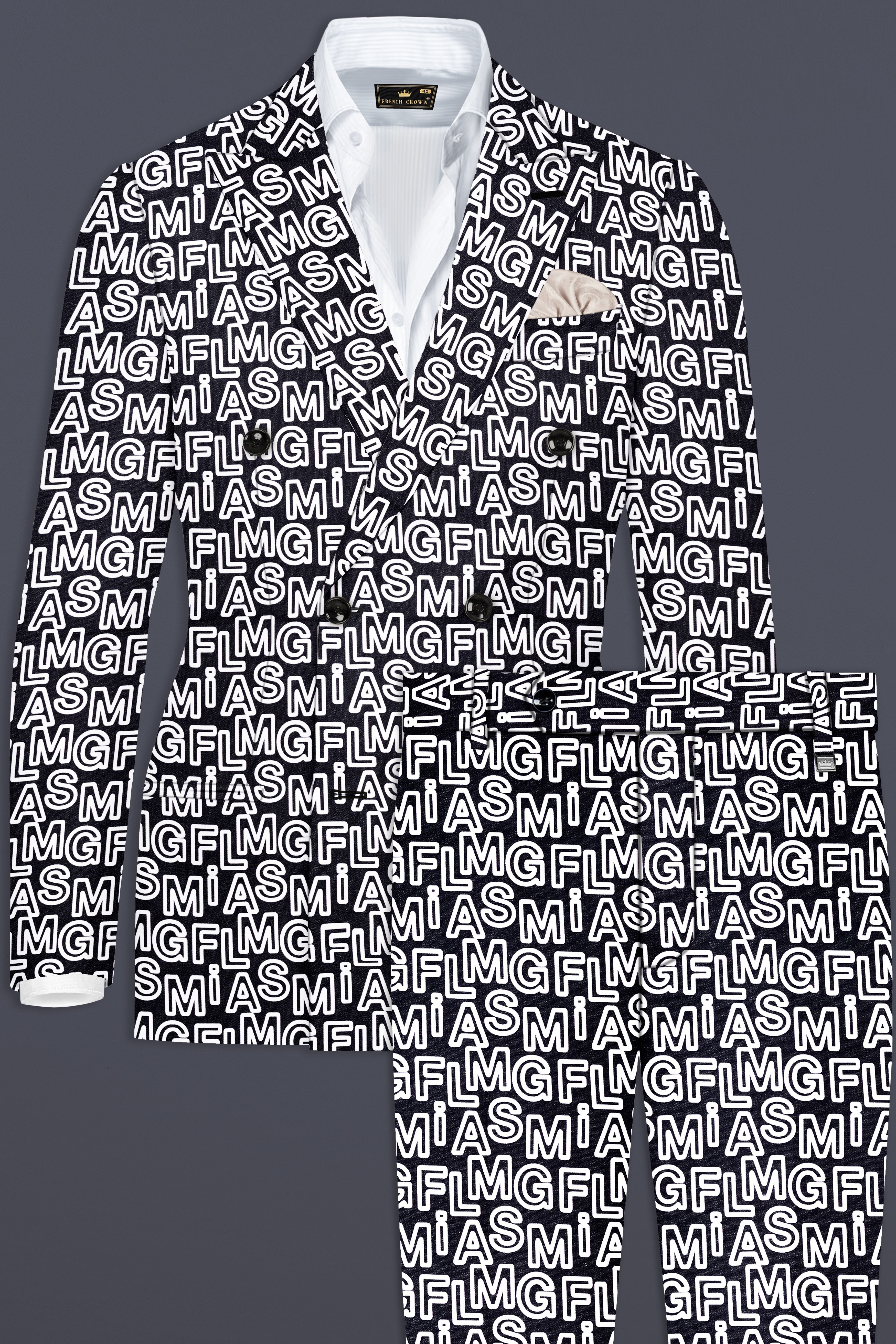 Jaguar Black And Bright White Alphabets Printed Premium Cotton Designer Double Breasted Suit