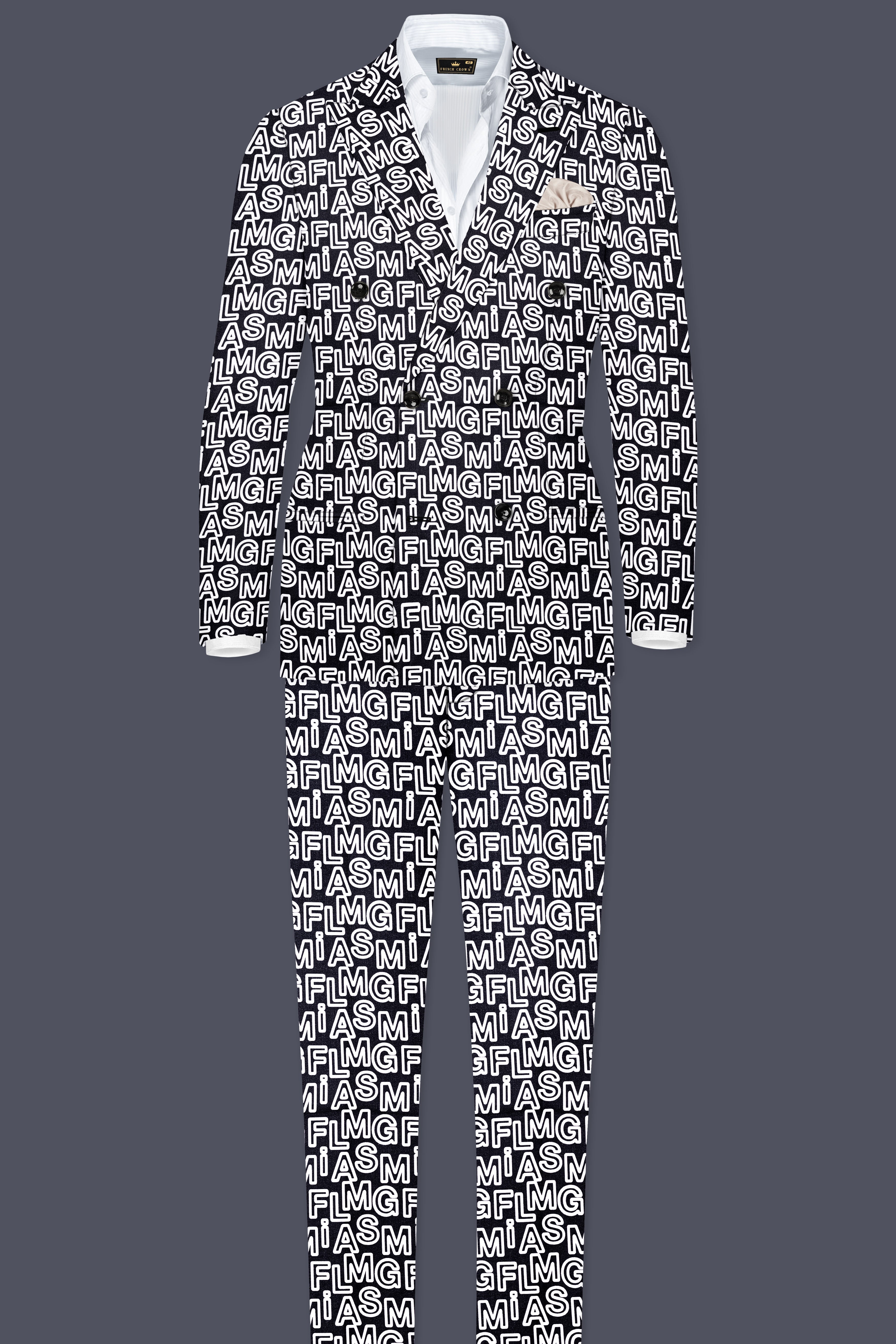 Jaguar Black And Bright White Alphabets Printed Premium Cotton Designer Double Breasted Suit