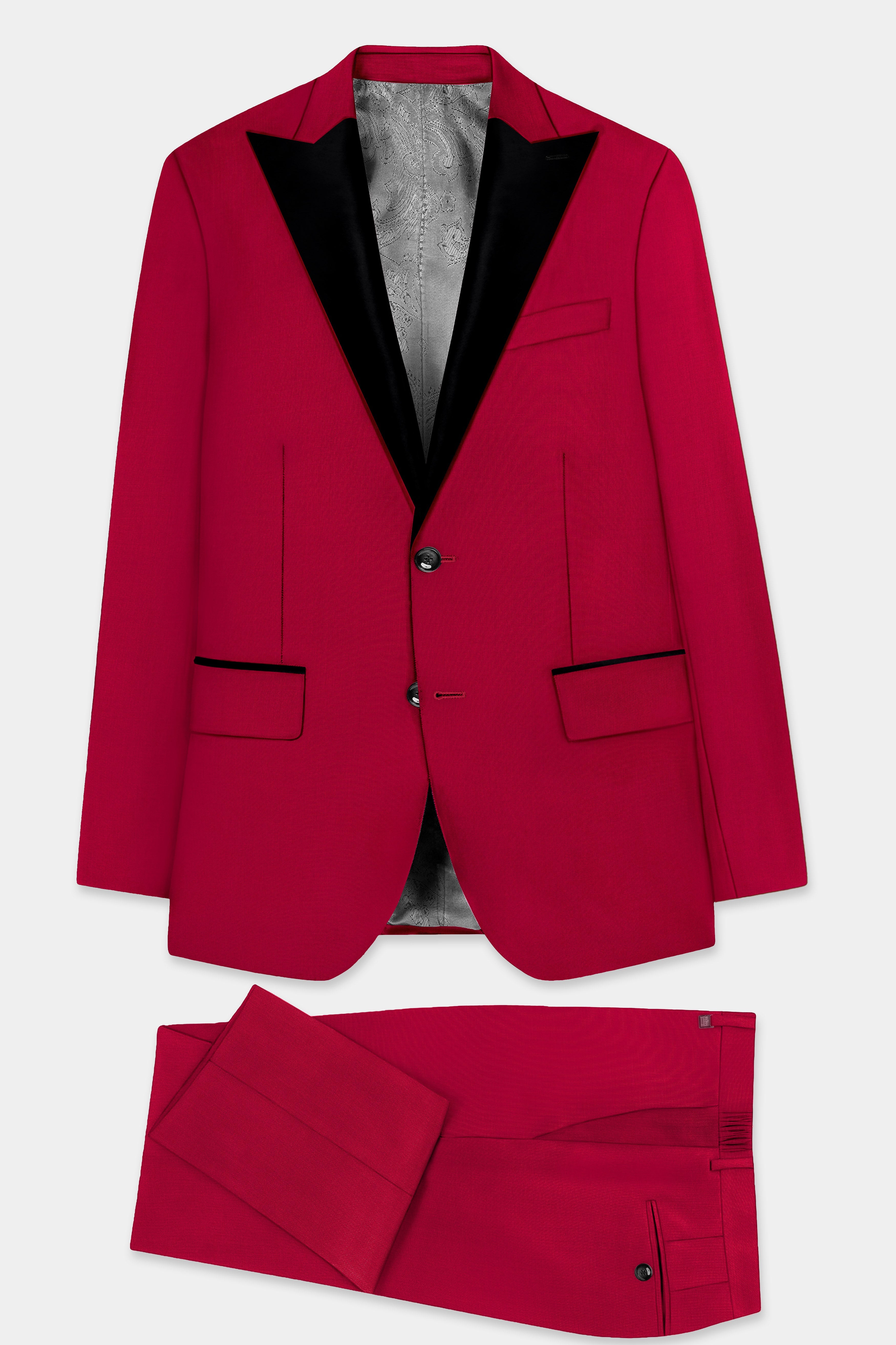 Vermilion-Chili Red Solid Wool Rich Peak Lapel Tuxedo Suit