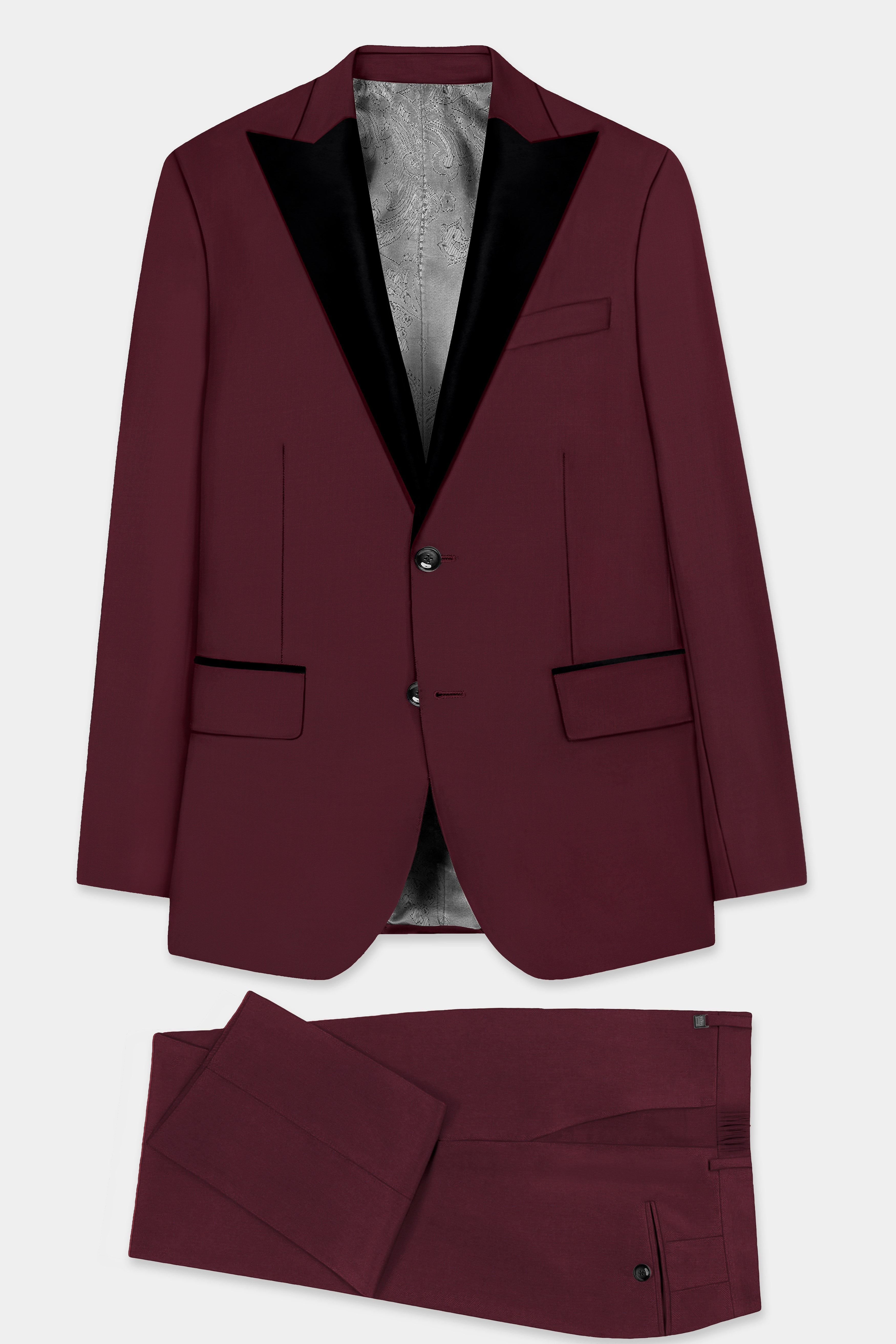 Merlot-Wine Berry Solid Wool Rich Peak Lapel Tuxedo Suit