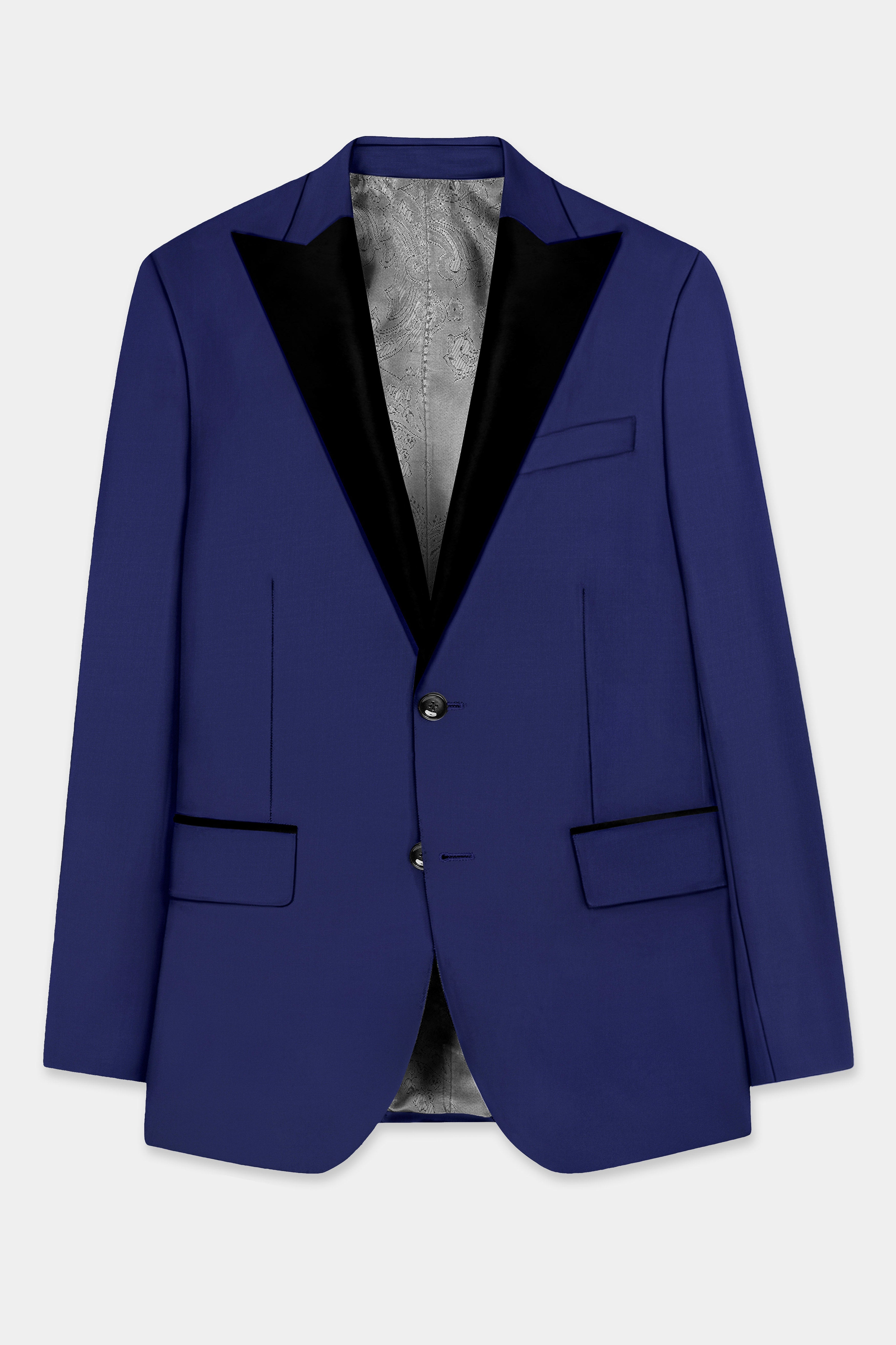 Celestia-Blue Solid Wool Rich Peak Lapel Tuxedo Slight Stretch Suit